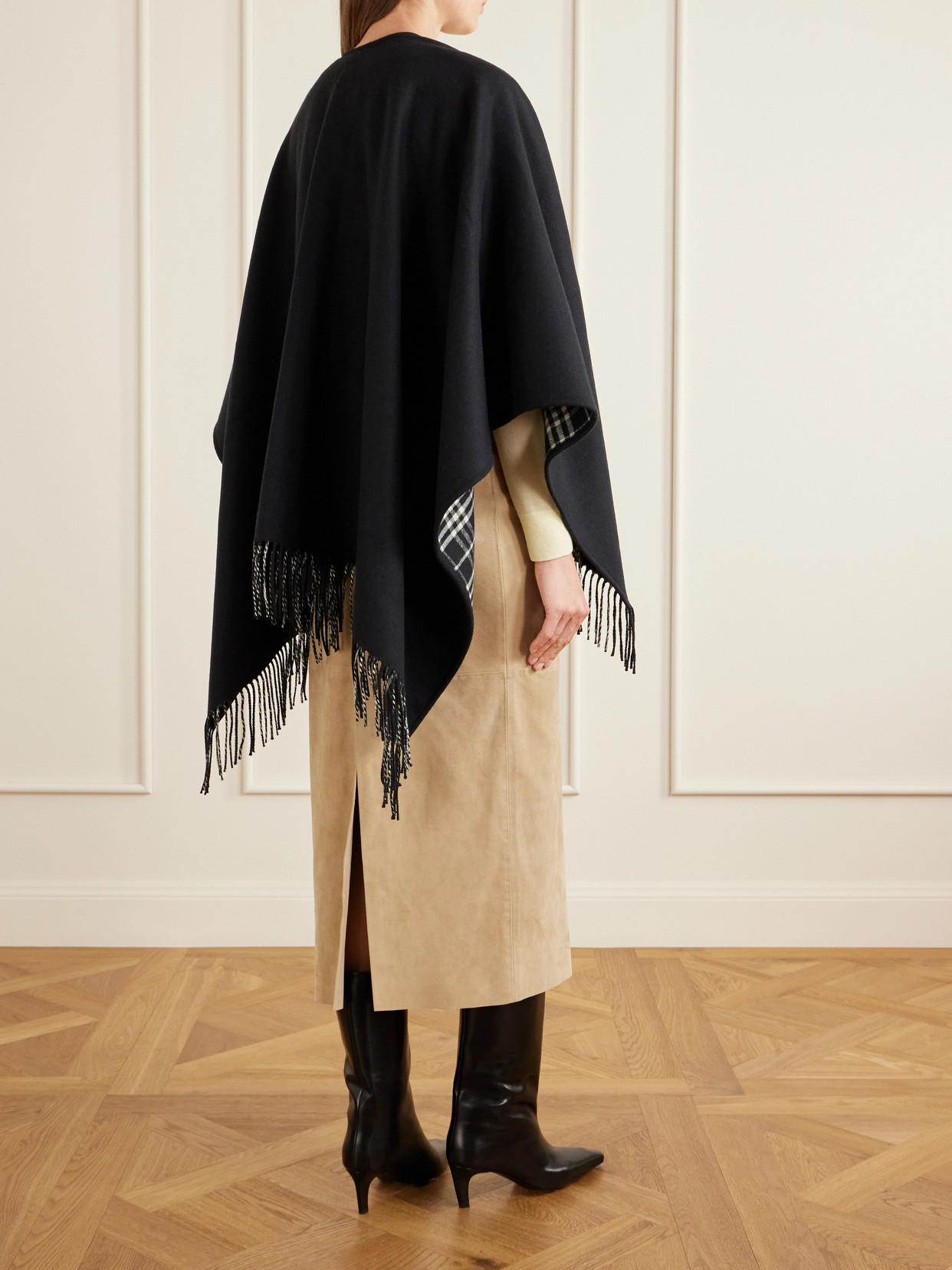 Reversible Fringed Checked Cape
