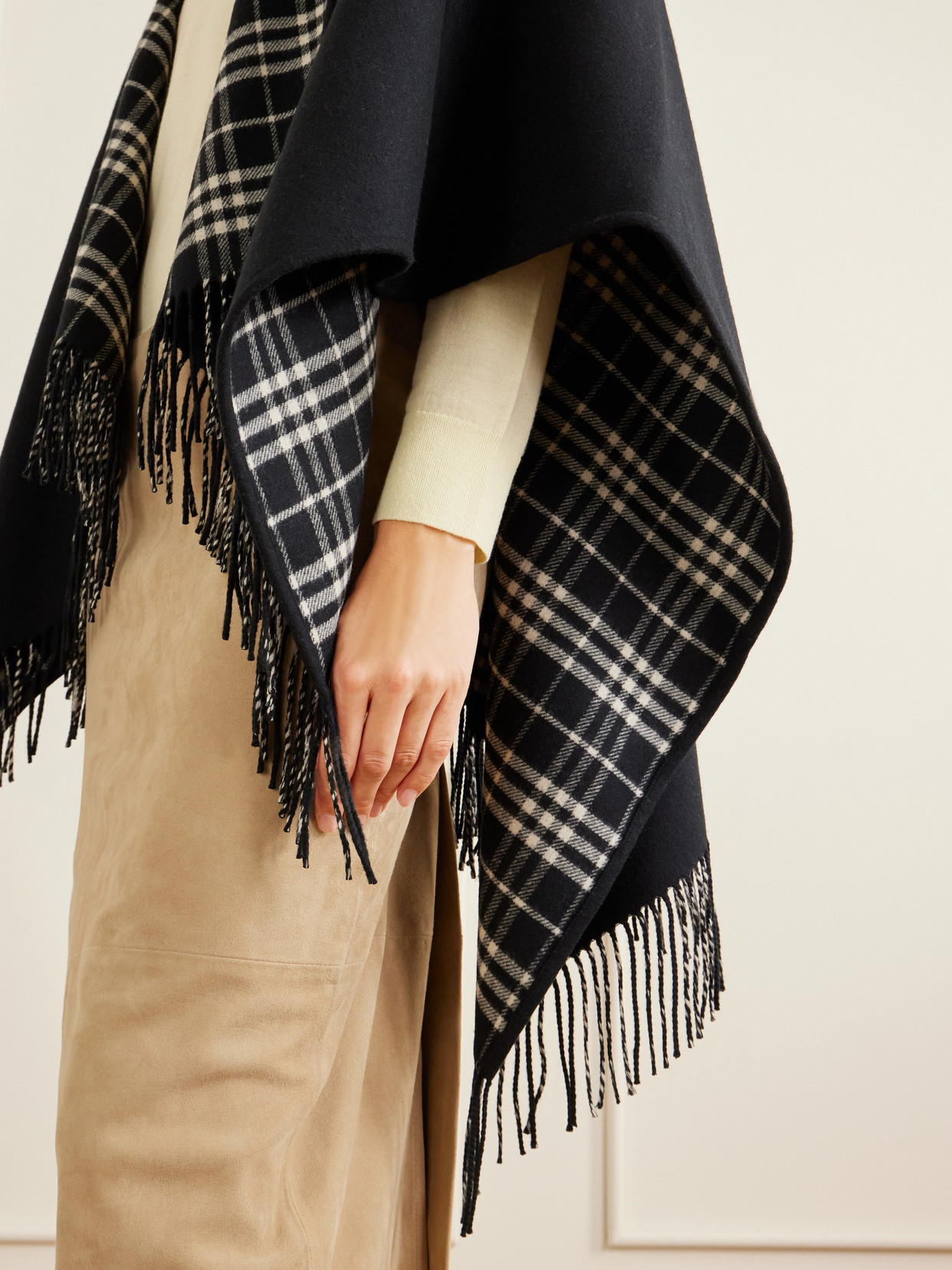 Reversible Fringed Checked Cape