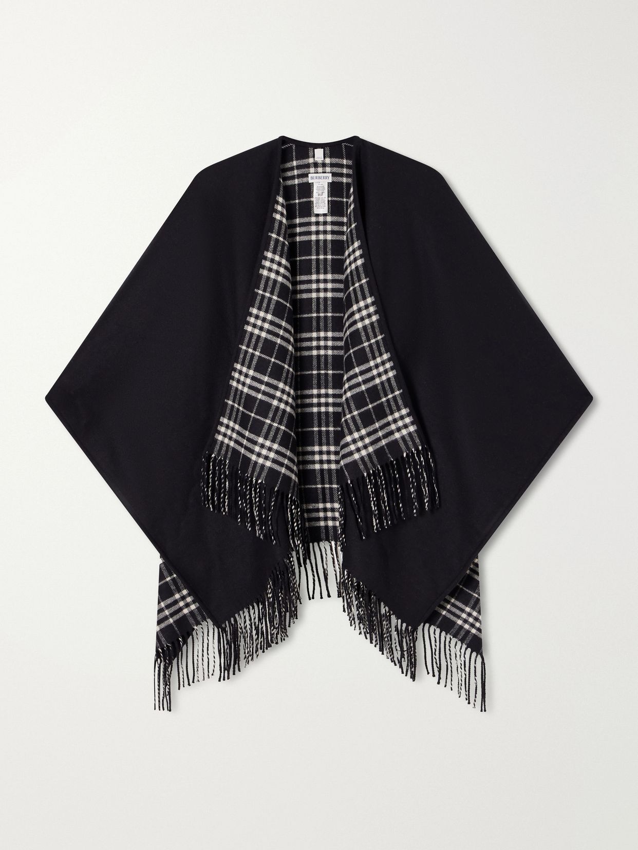 Reversible fringed checked wool cape