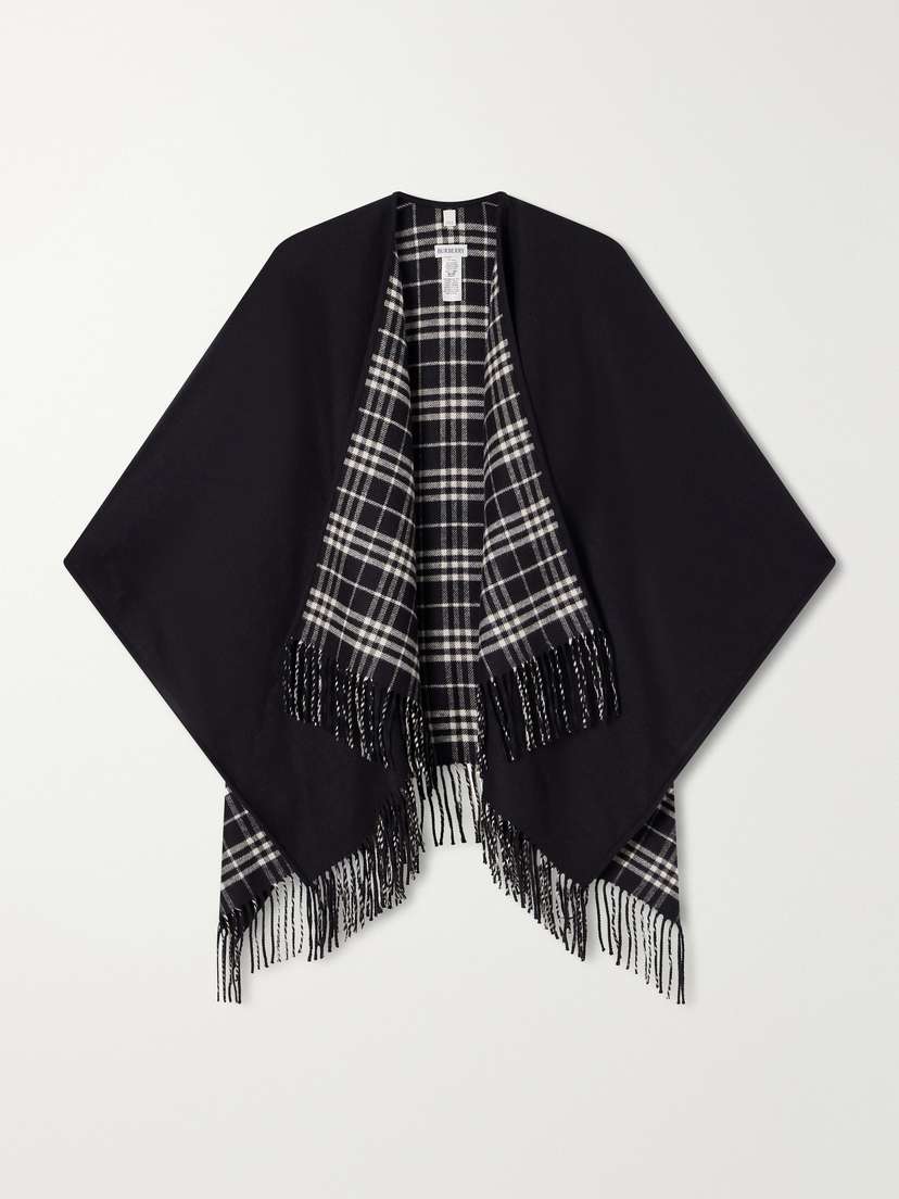 Burberry Reversible Fringed Checked Wool Cape