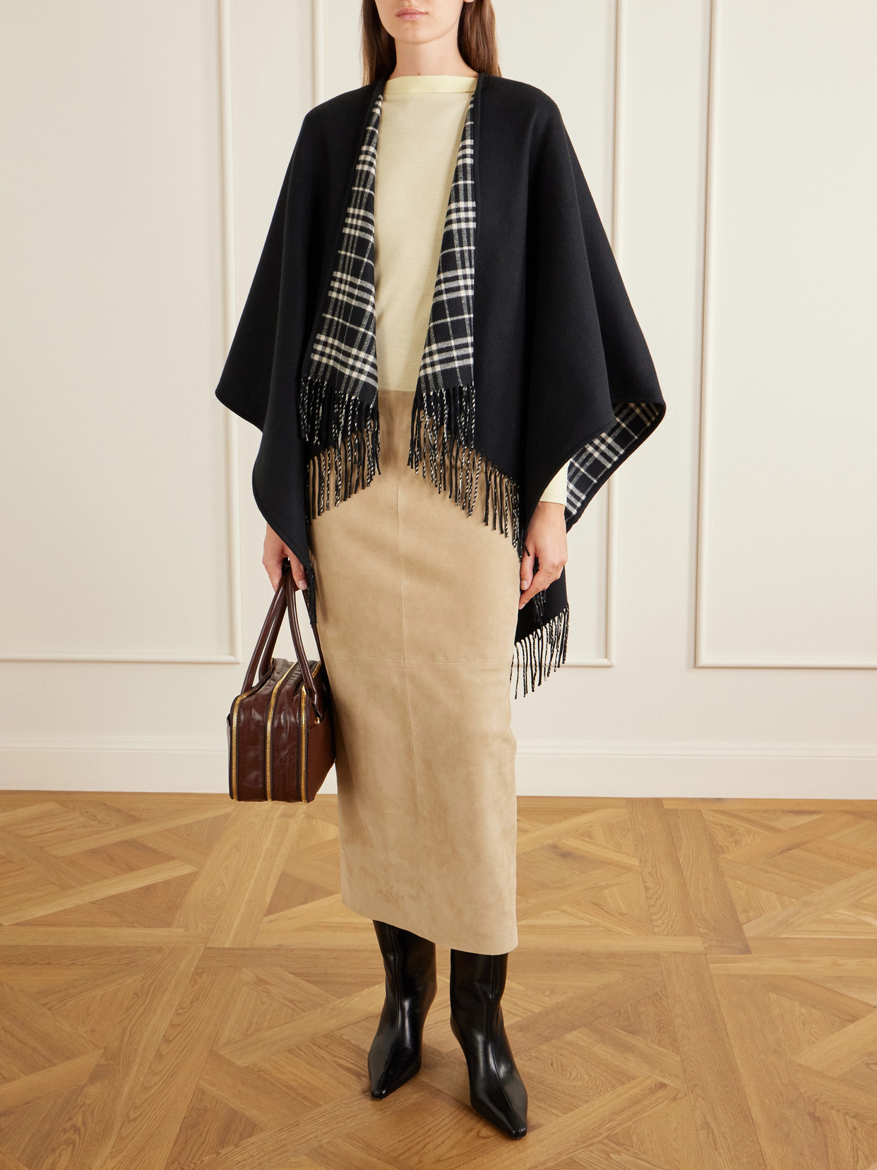 Reversible Fringed Checked Cape