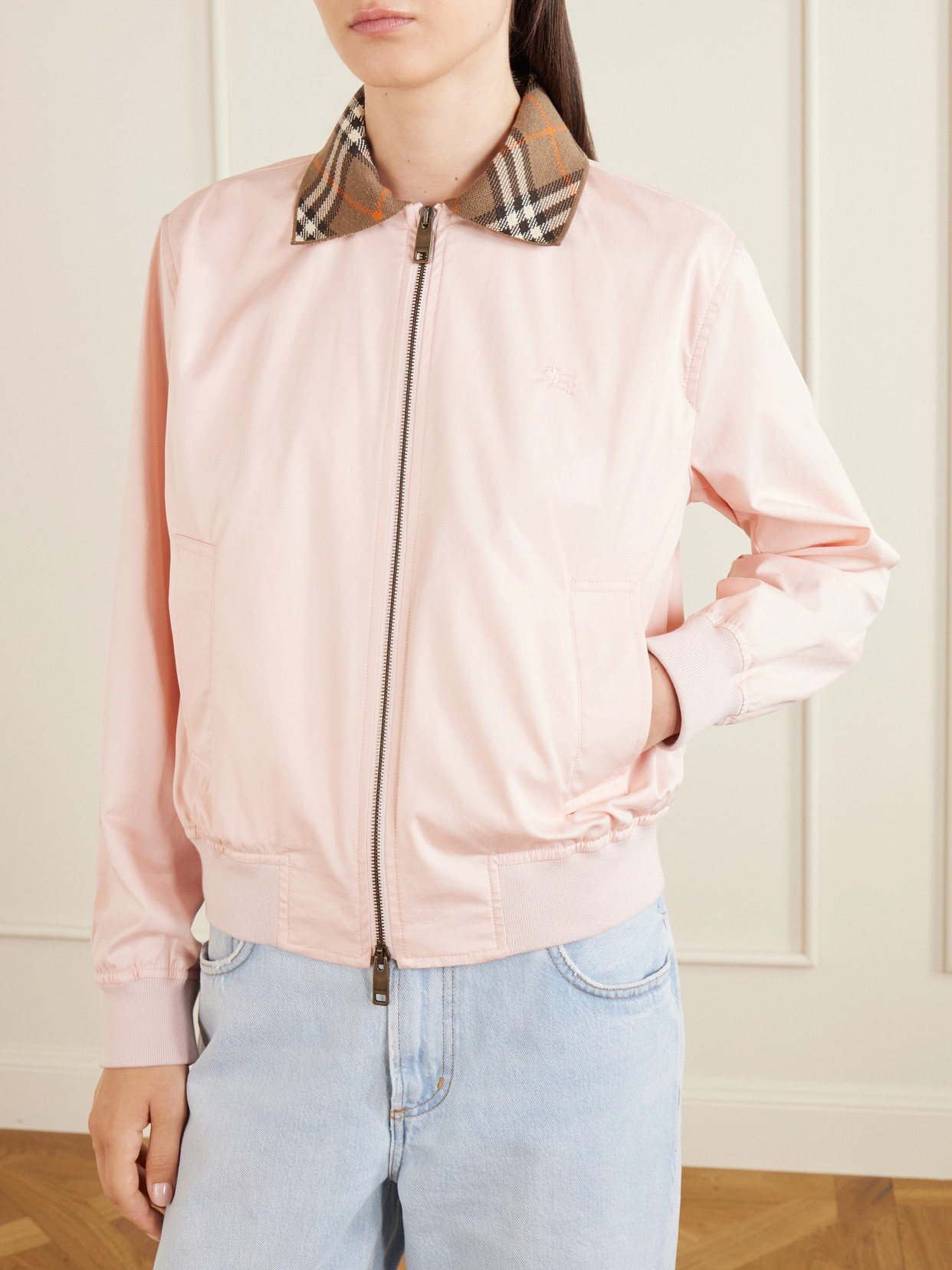 Hayfield Knitted Check-Trimmed Cotton-Poplin Bomber