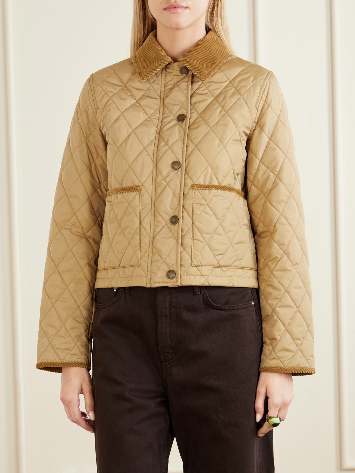 Cropped Corduroy-Trimmed Quilted Jacket