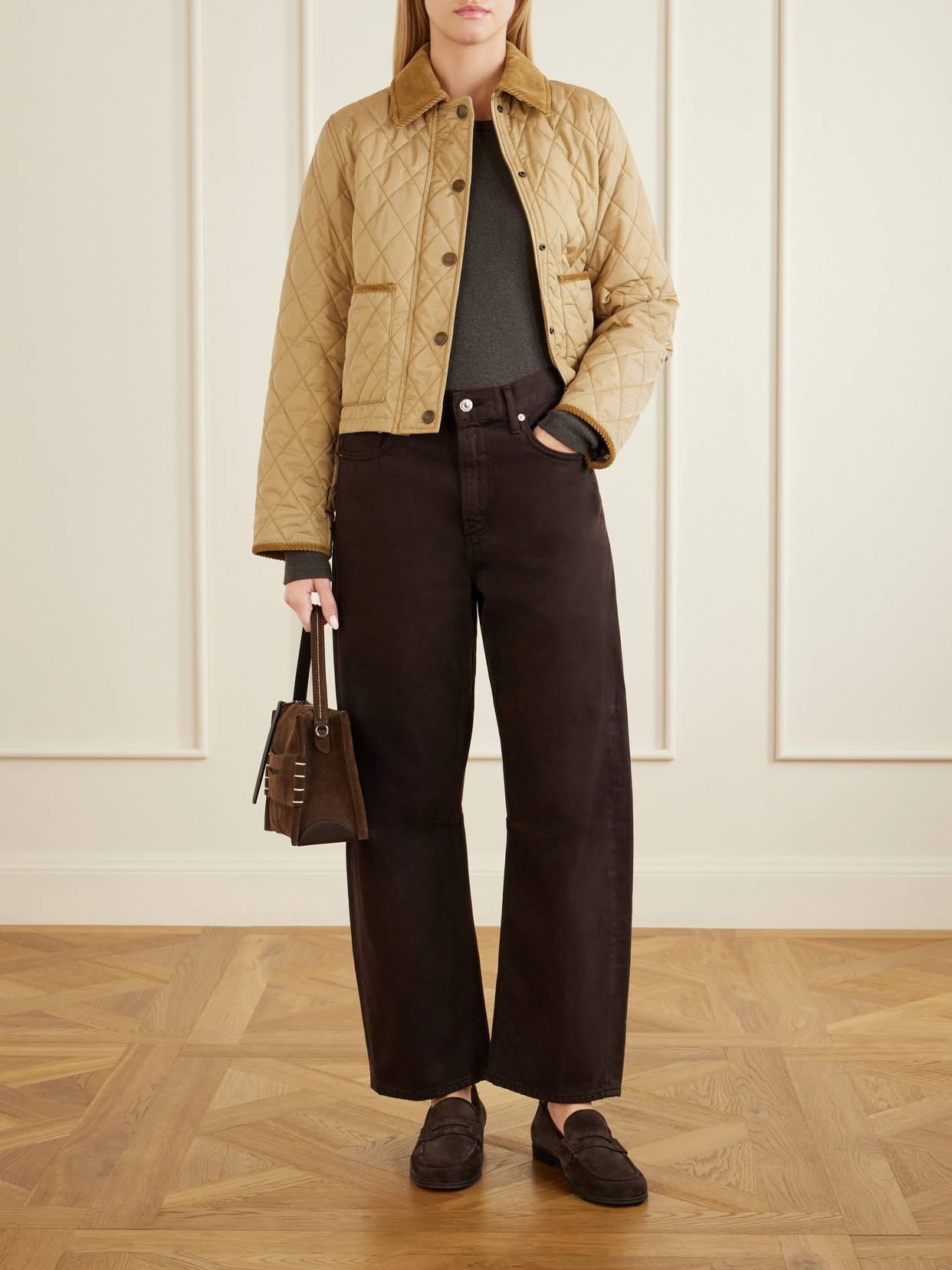Cropped Corduroy-Trimmed Quilted Jacket