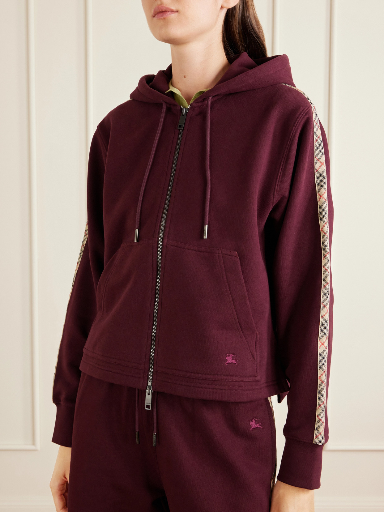 Burberry Harper Checked Cotton-jersey Zip-up Hoodie In Burgundy