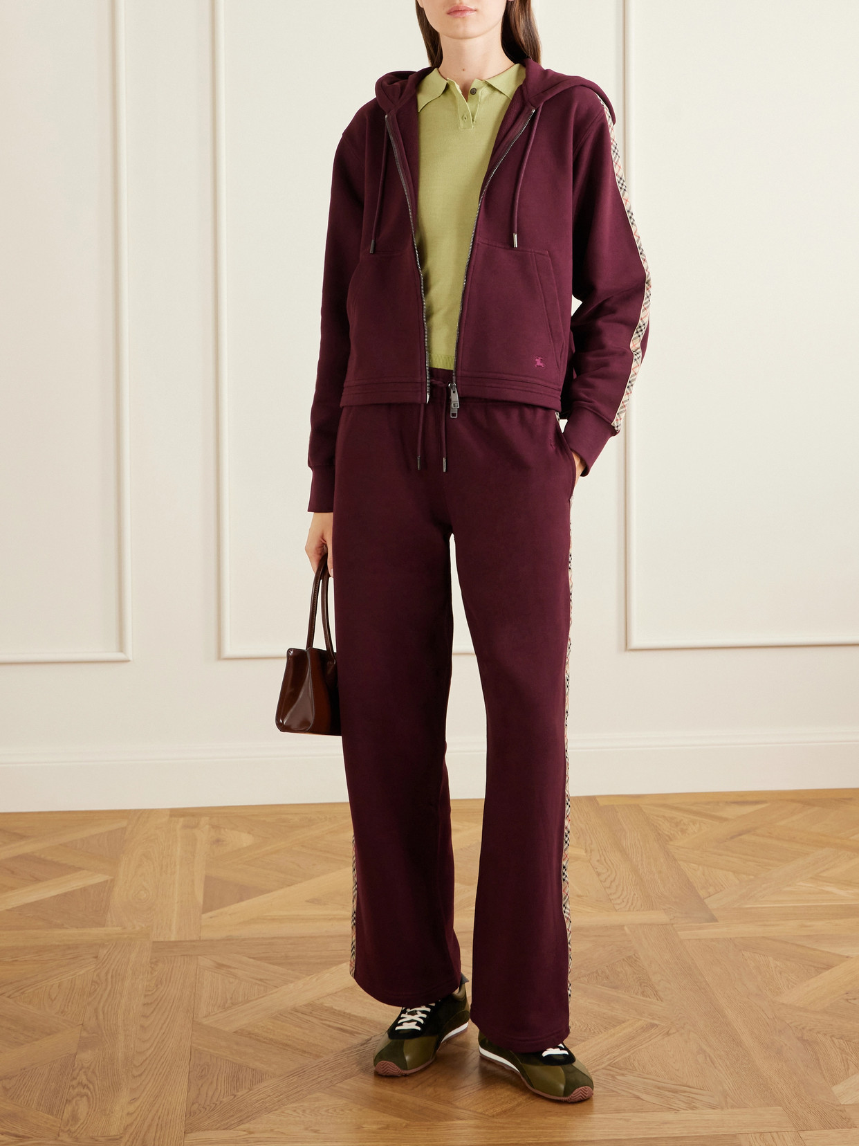 Burberry Harper Checked Cotton-jersey Zip-up Hoodie In Burgundy