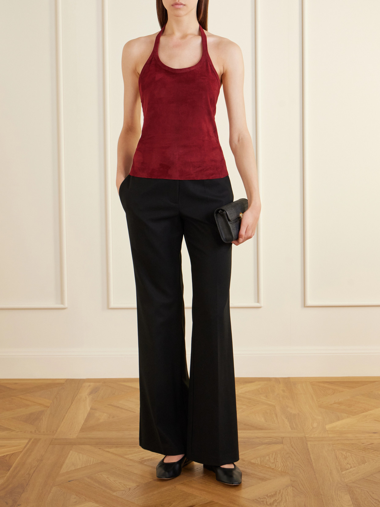 Cherry Open-Back Suede Halterneck Tank