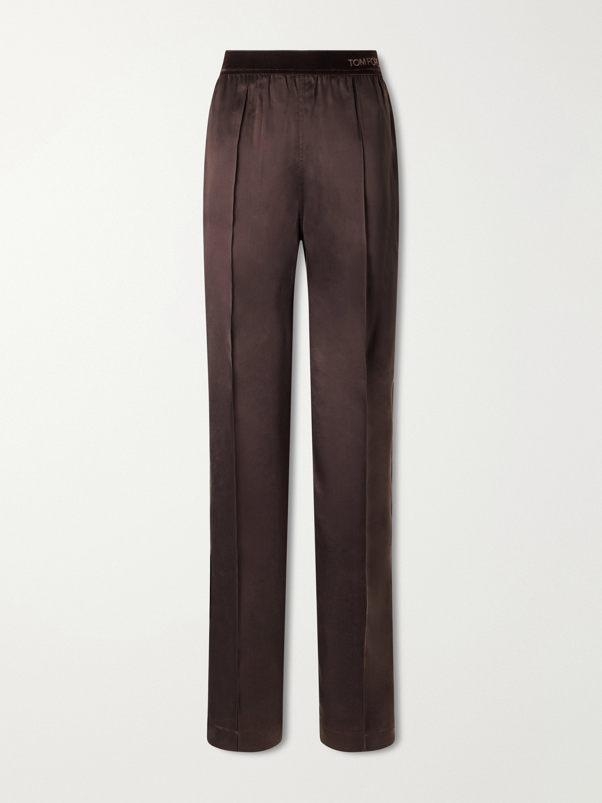 Tom Ford Velvet-trimmed Silk-satin Straight-leg Pants In Brown