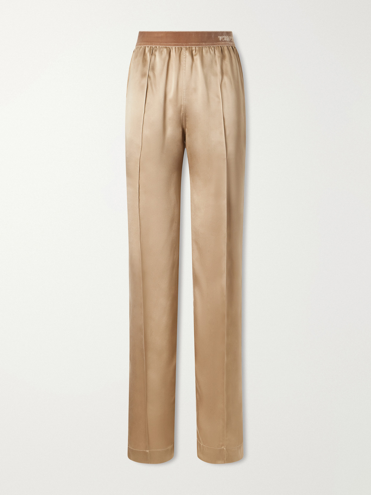Tom Ford Logo-embroidered Velvet-trimmed Silk-satin Straight-leg Pants In Gold