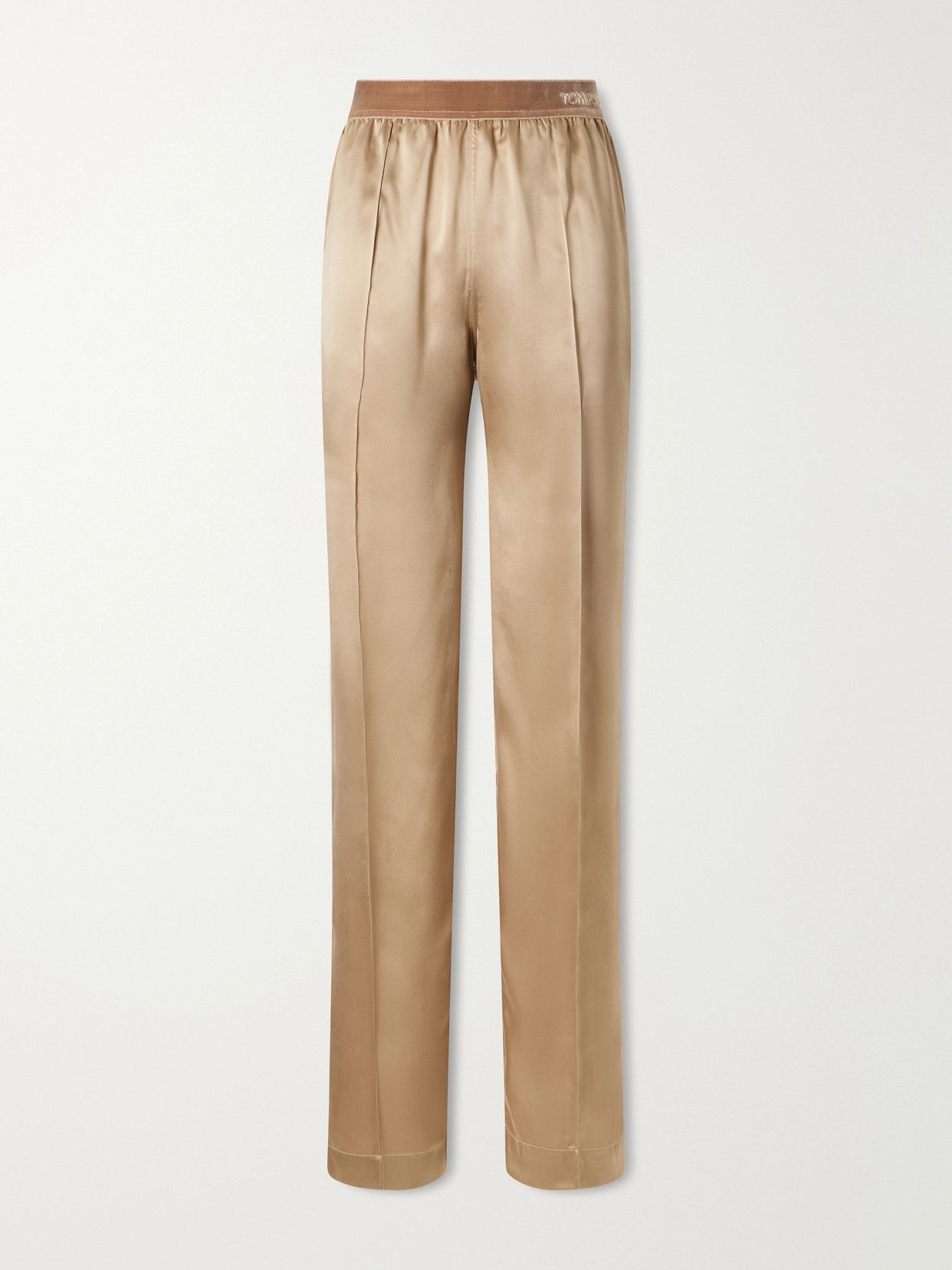 Logo-embroidered velvet-trimmed silk-satin straight-leg pants