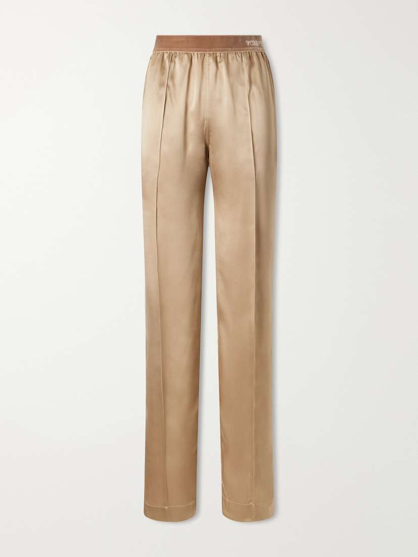 Tom Ford Logo-embroidered Velvet-trimmed Silk-satin Straight-leg Pants | Thumbnail 6