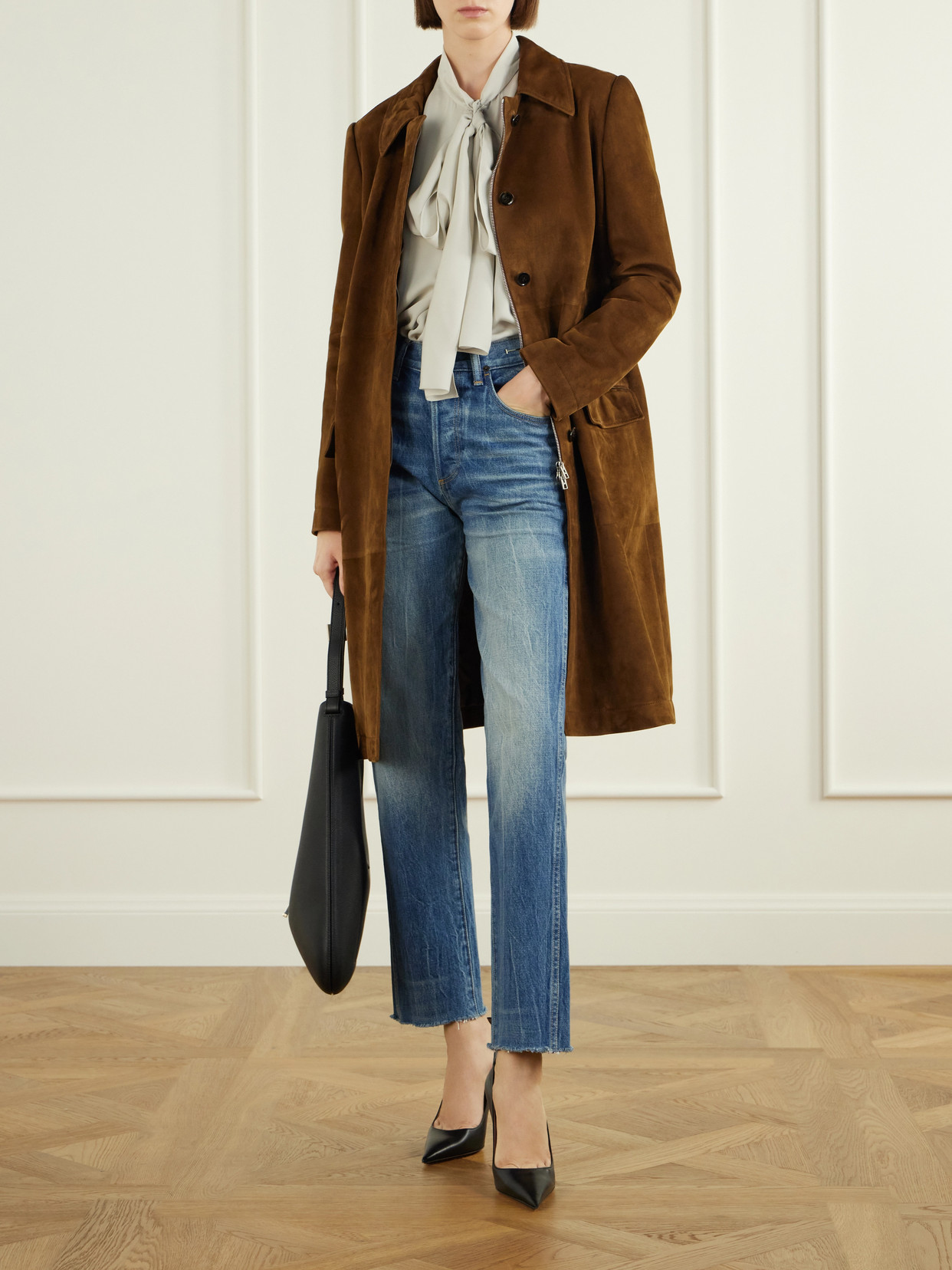 Tom Ford Suede Single-breasted Long Coat In Brown