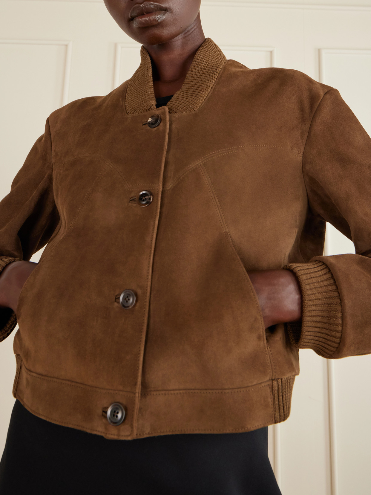 Cropped Suede Bomber Jacket