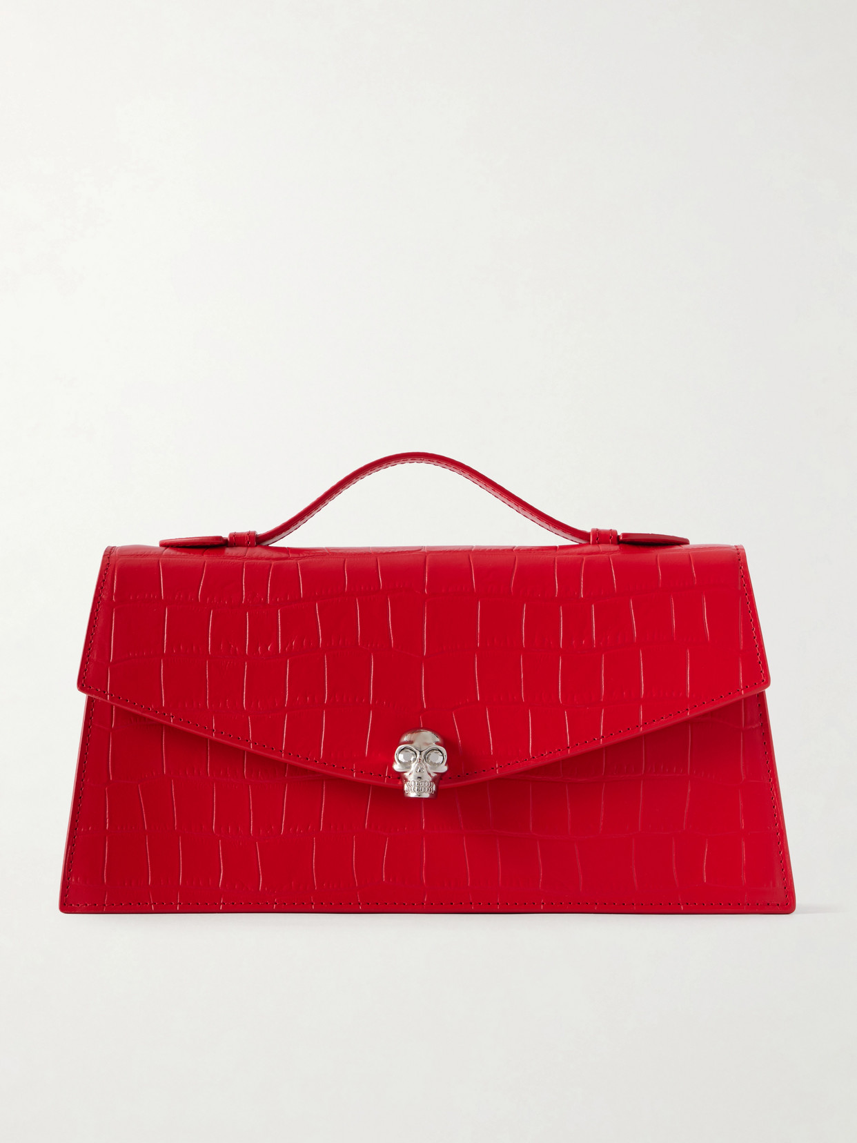 Alexander Mcqueen Skull Embellished Croc-effect Leather Clutch In Red