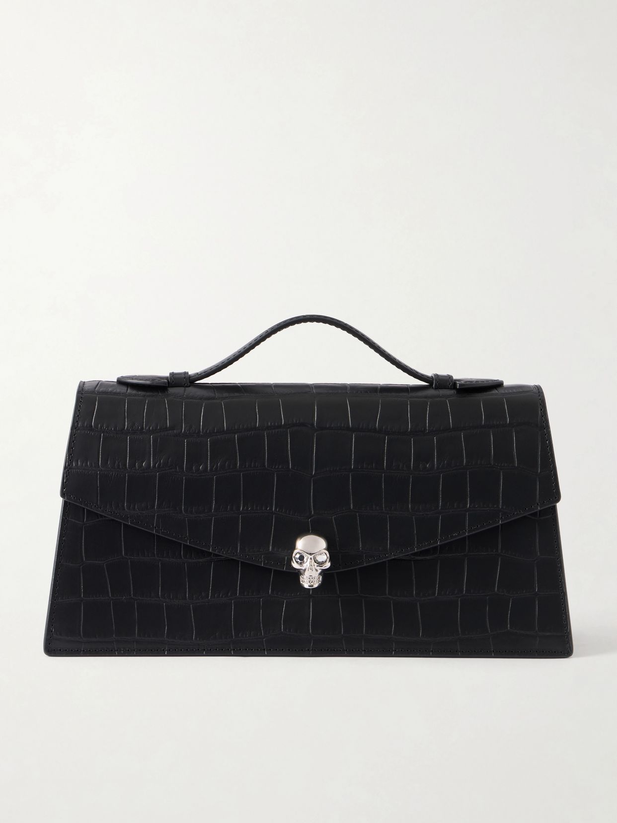 Skull embellished croc-effect leather clutch