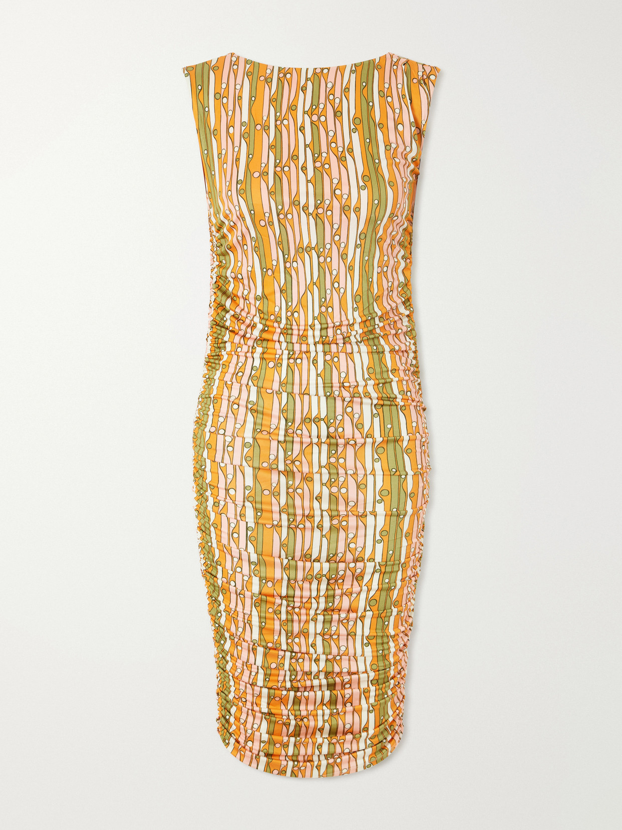 La Doublej Printed Ruched Mesh Mini Dress In Orange