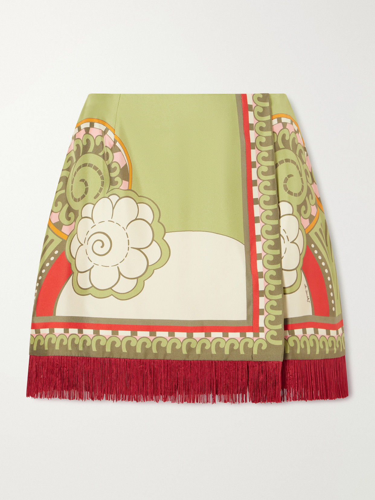 La Doublej Foulard Fringed Silk-twill Mini Skirt In Green