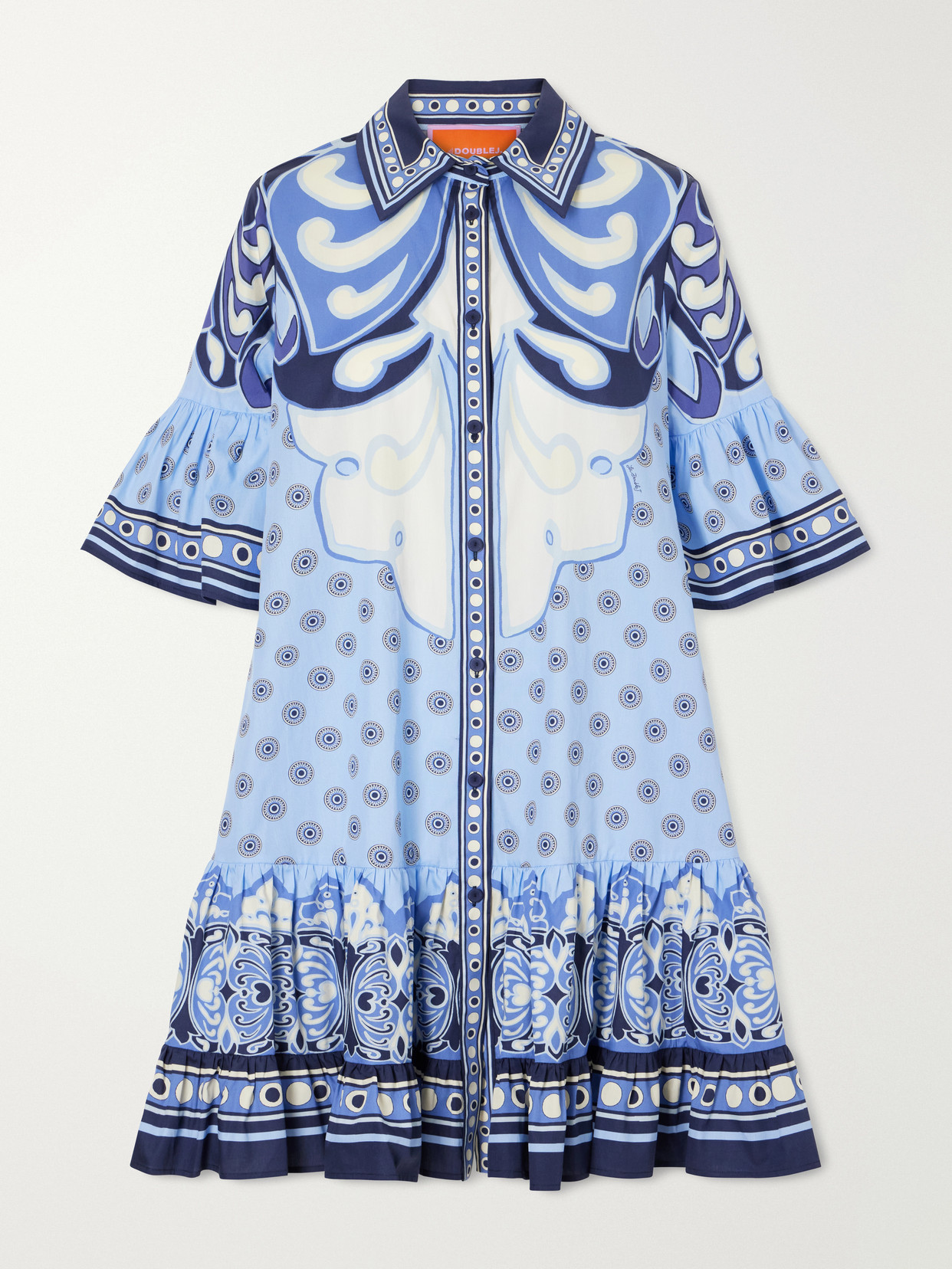 La Doublej Choux Tiered Printed Cotton-poplin Shirt Dress In Blue