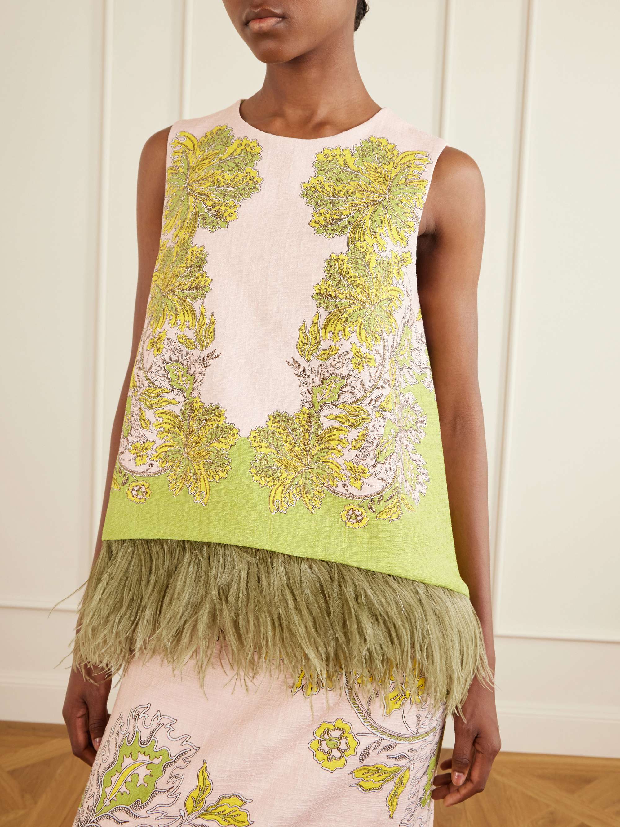 LA DOUBLEJ La Scala printed feather-trimmed cotton-blend top | NET 