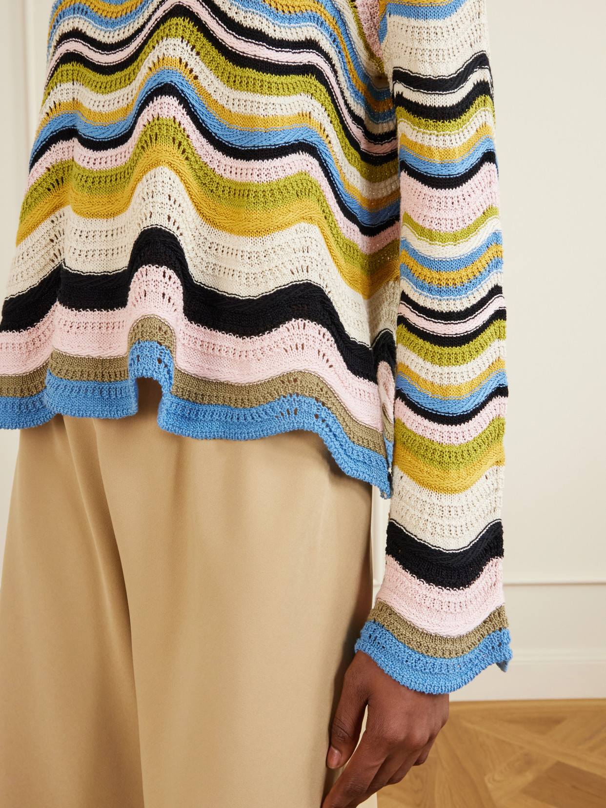 Scalloped Striped Crocheted Cotton T-Shirt