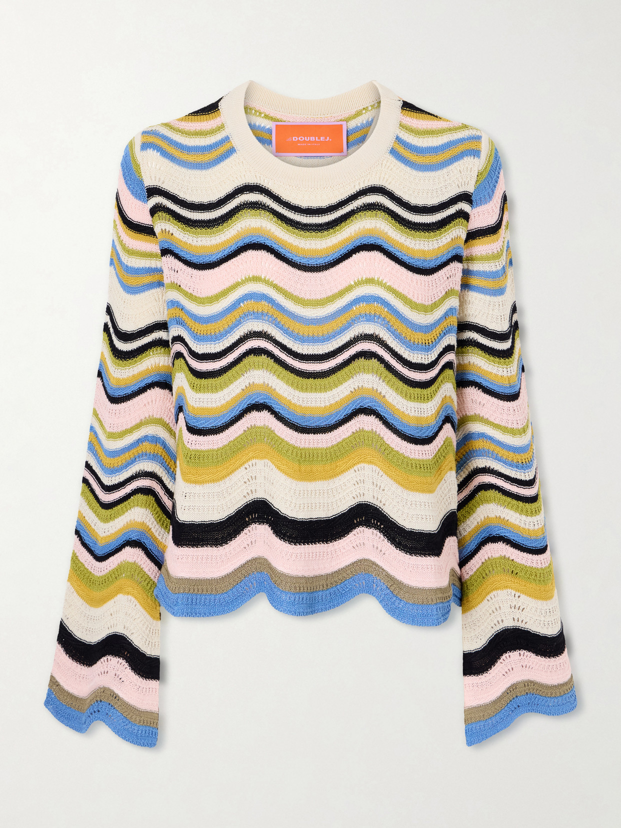 La Doublej Scalloped Striped Crocheted Cotton T-shirt In Multi