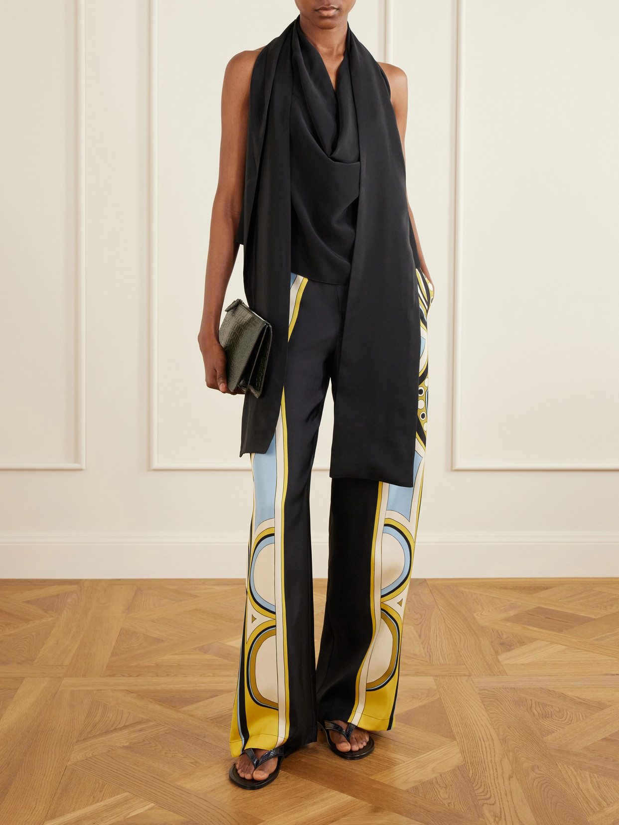 La Doublej Club Printed Silk Twill Wide-leg Pants In Brown