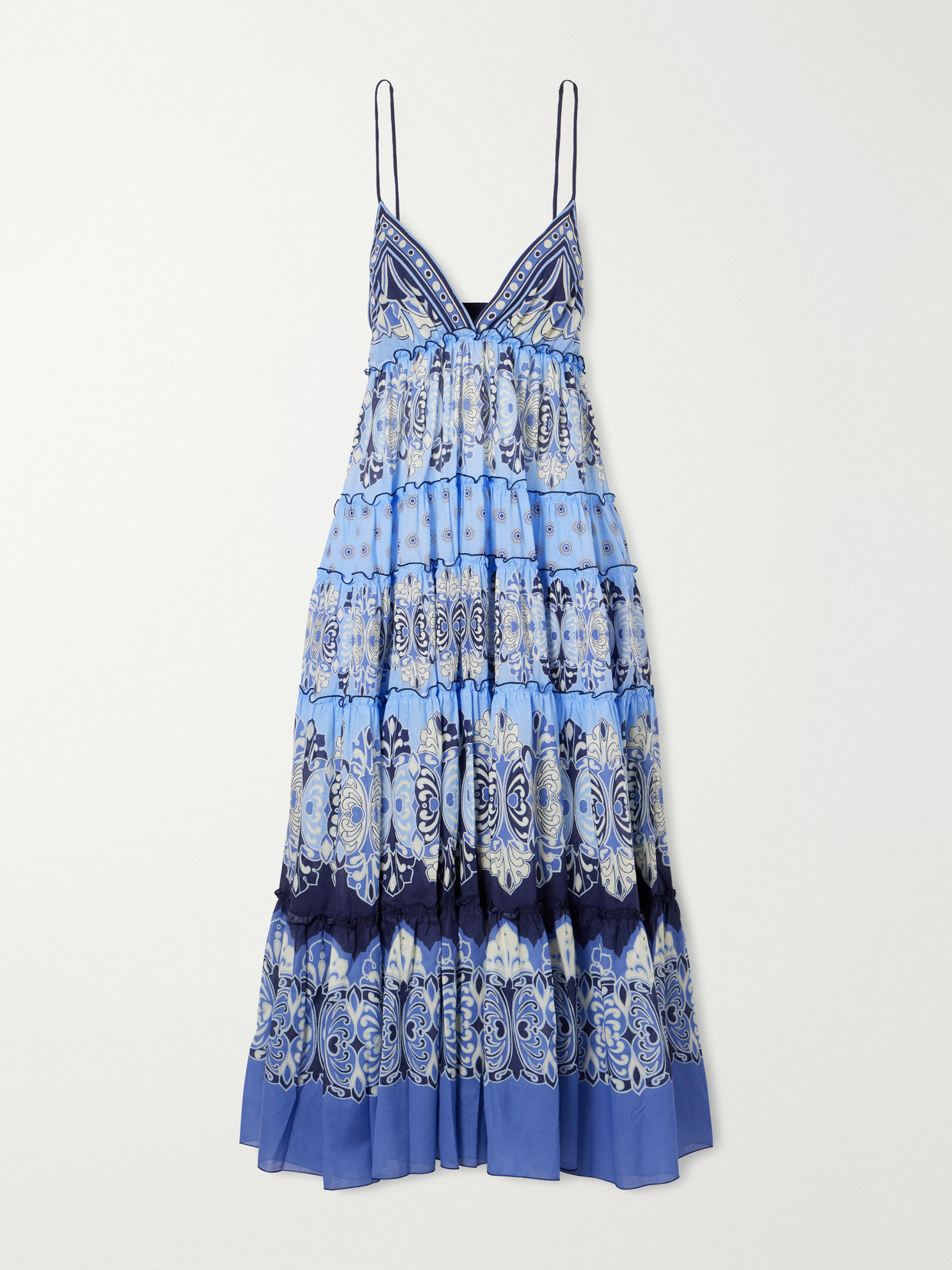 La Doublej Nymph Tiered Printed Cotton Maxi Dress In Blue
