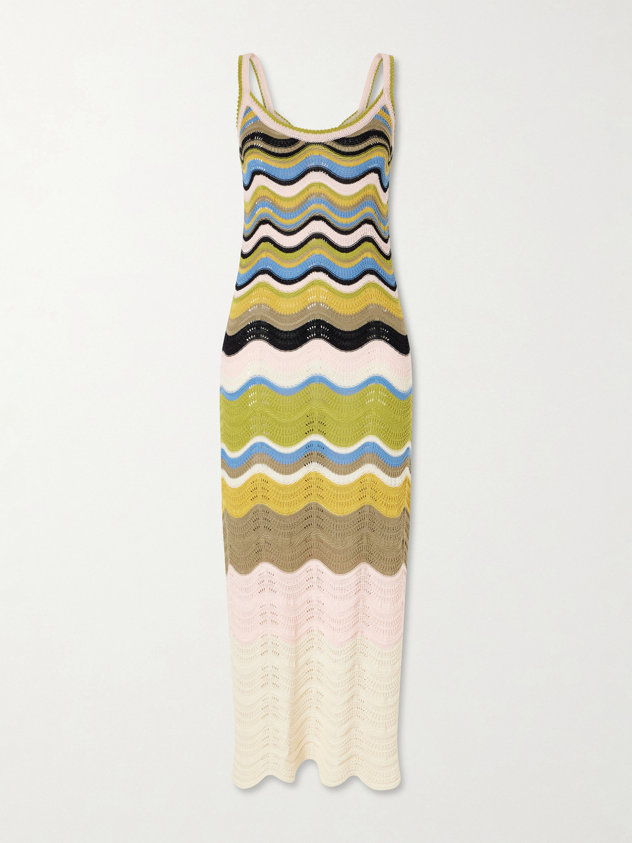 La Doublej Scalloped Striped Crocheted Cotton Maxi Dress In Green