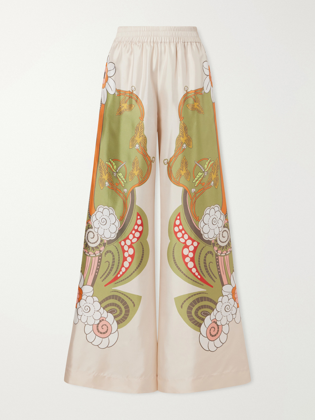 La Doublej Palazzo Floral-print Silk-twill Wide-leg Pants In Green