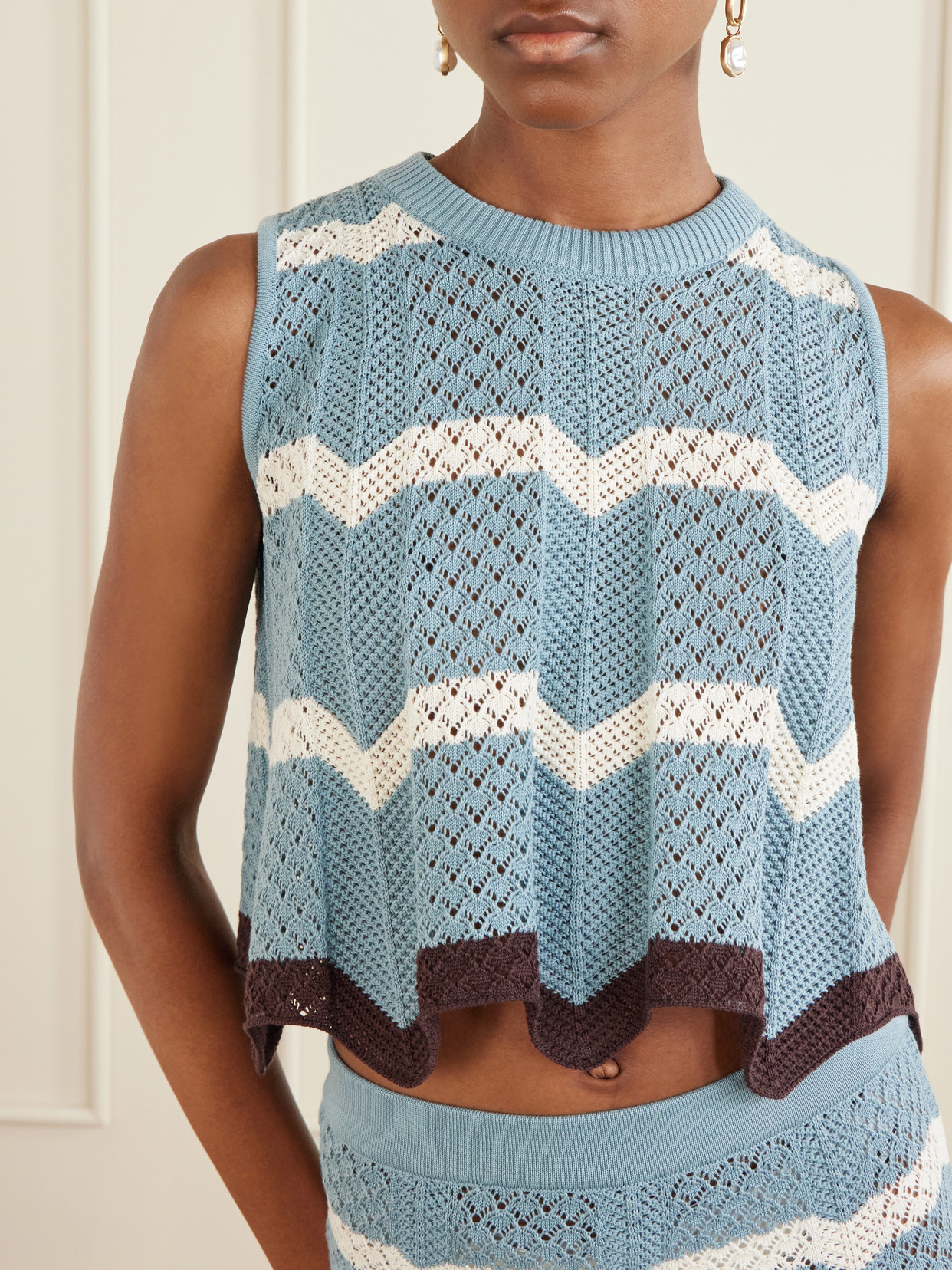 La Doublej Scalloped Striped Pointelle-knit Cotton Tank In Blue