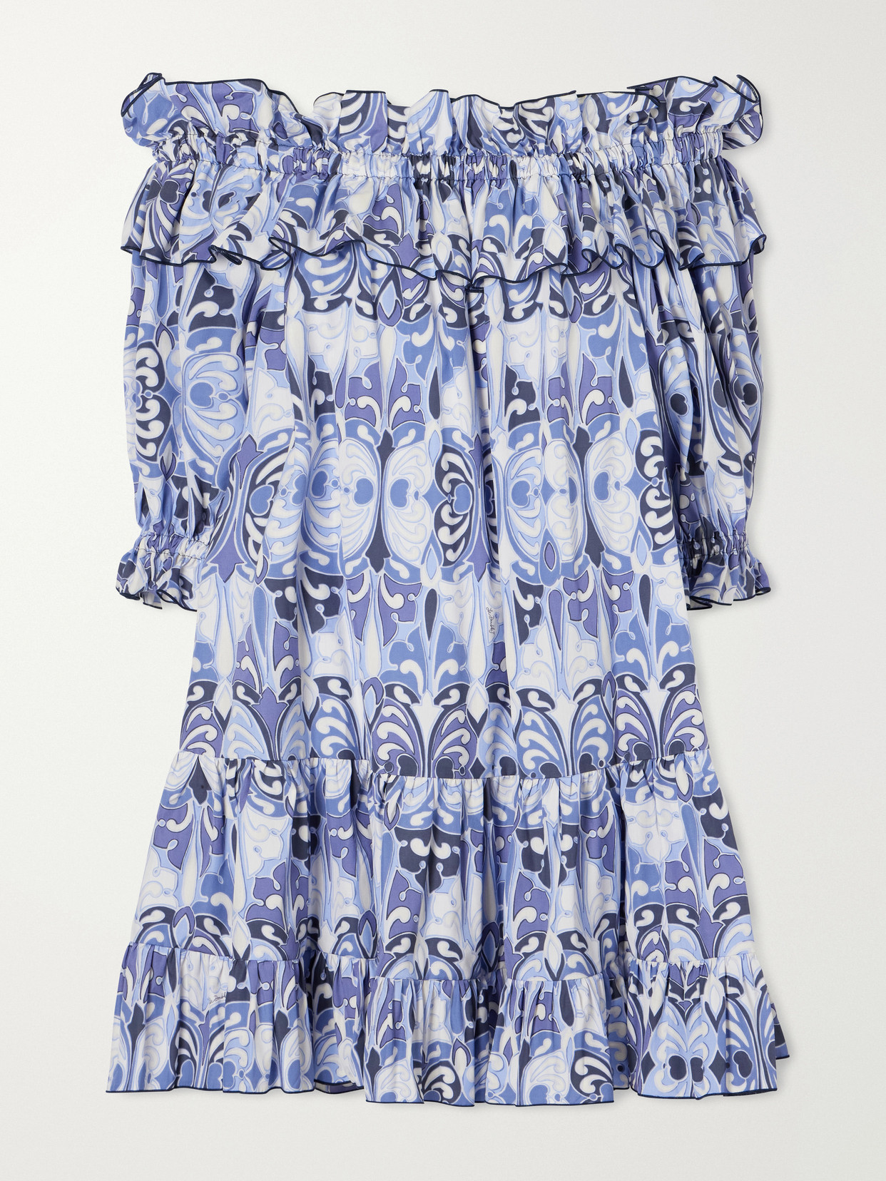 La Doublej Breakfast Off-the-shoulder Tiered Printed Cotton Midi Dress In Blue
