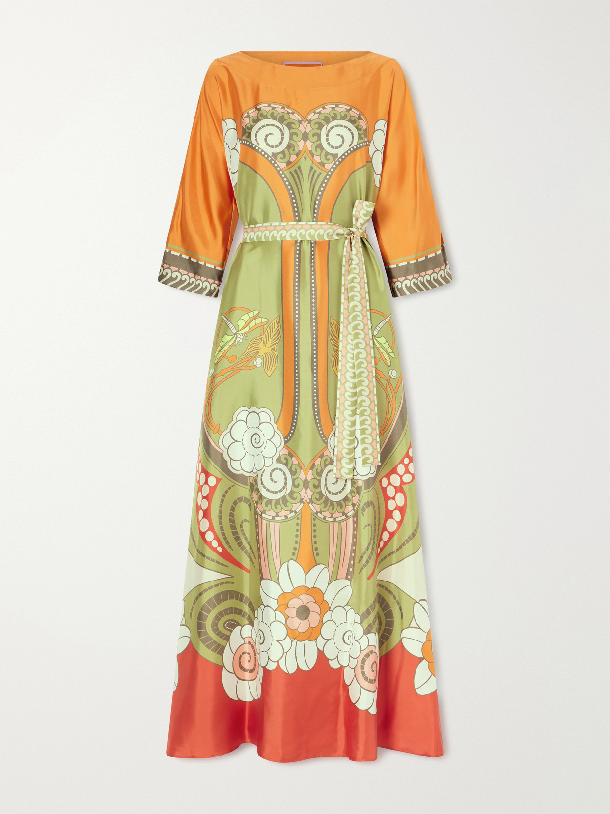 La Doublej Muumuu Belted Printed Silk-twill Maxi Dress In Multi