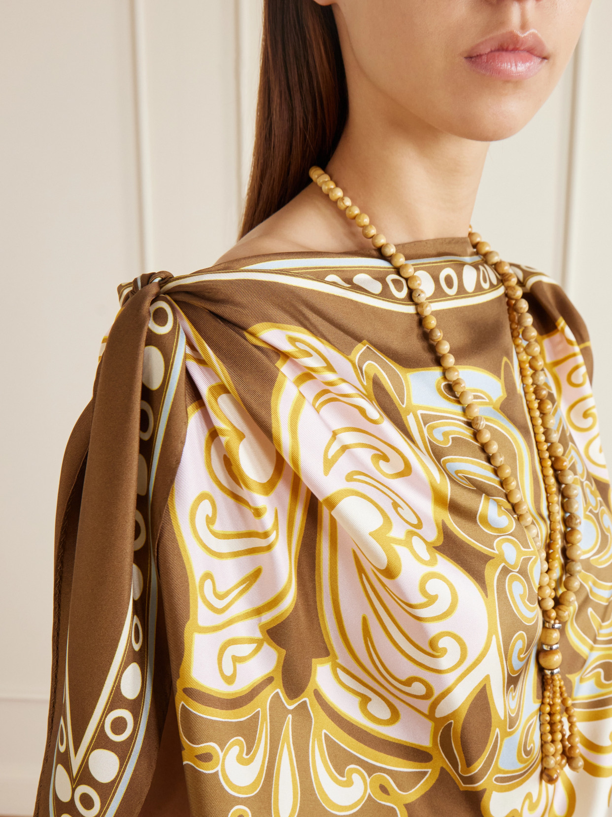 Asymmetric Knotted Printed Silk-Satin Blouse