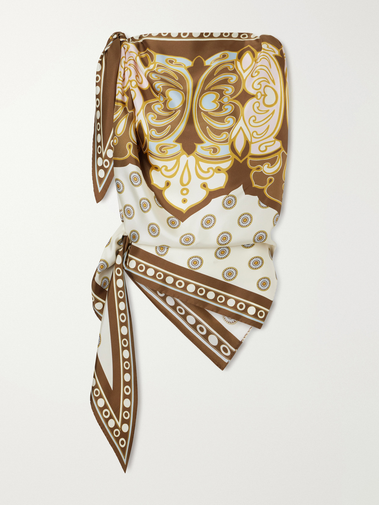 La Doublej Asymmetric Knotted Printed Silk-satin Blouse In Brown