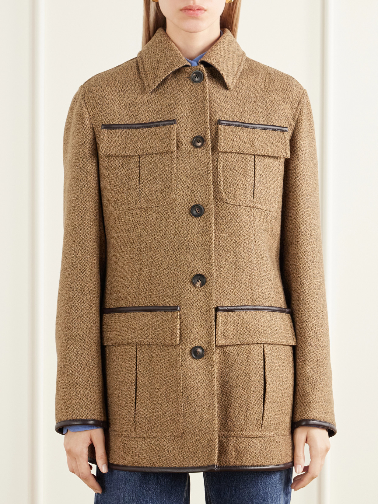 Grafton Leather-Trimmed Wool And Camel Hair-Blend Tweed Jacket