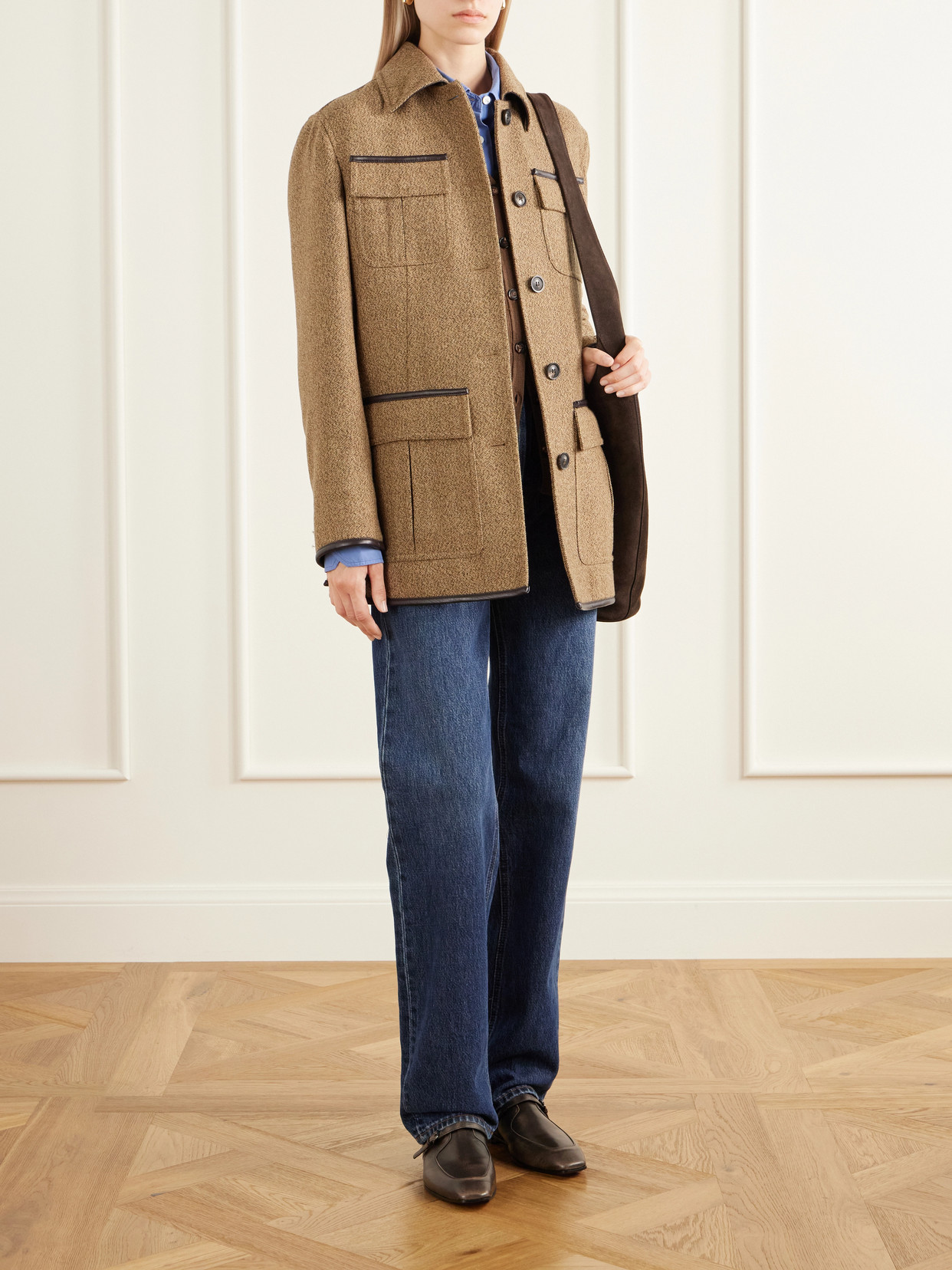 Grafton Leather-Trimmed Wool And Camel Hair-Blend Tweed Jacket