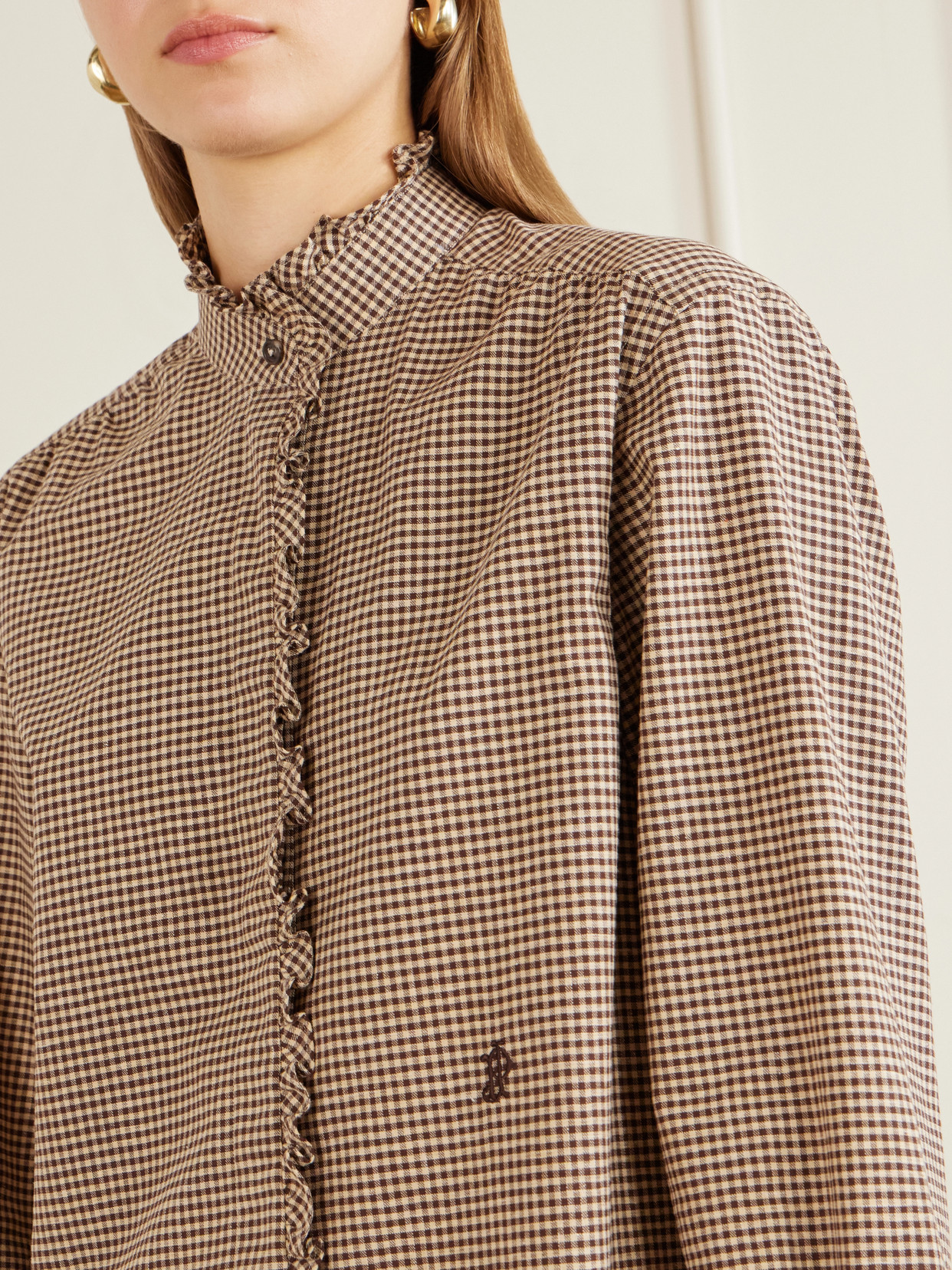 Logo-Embroidered Ruffled Checked Cotton Shirt