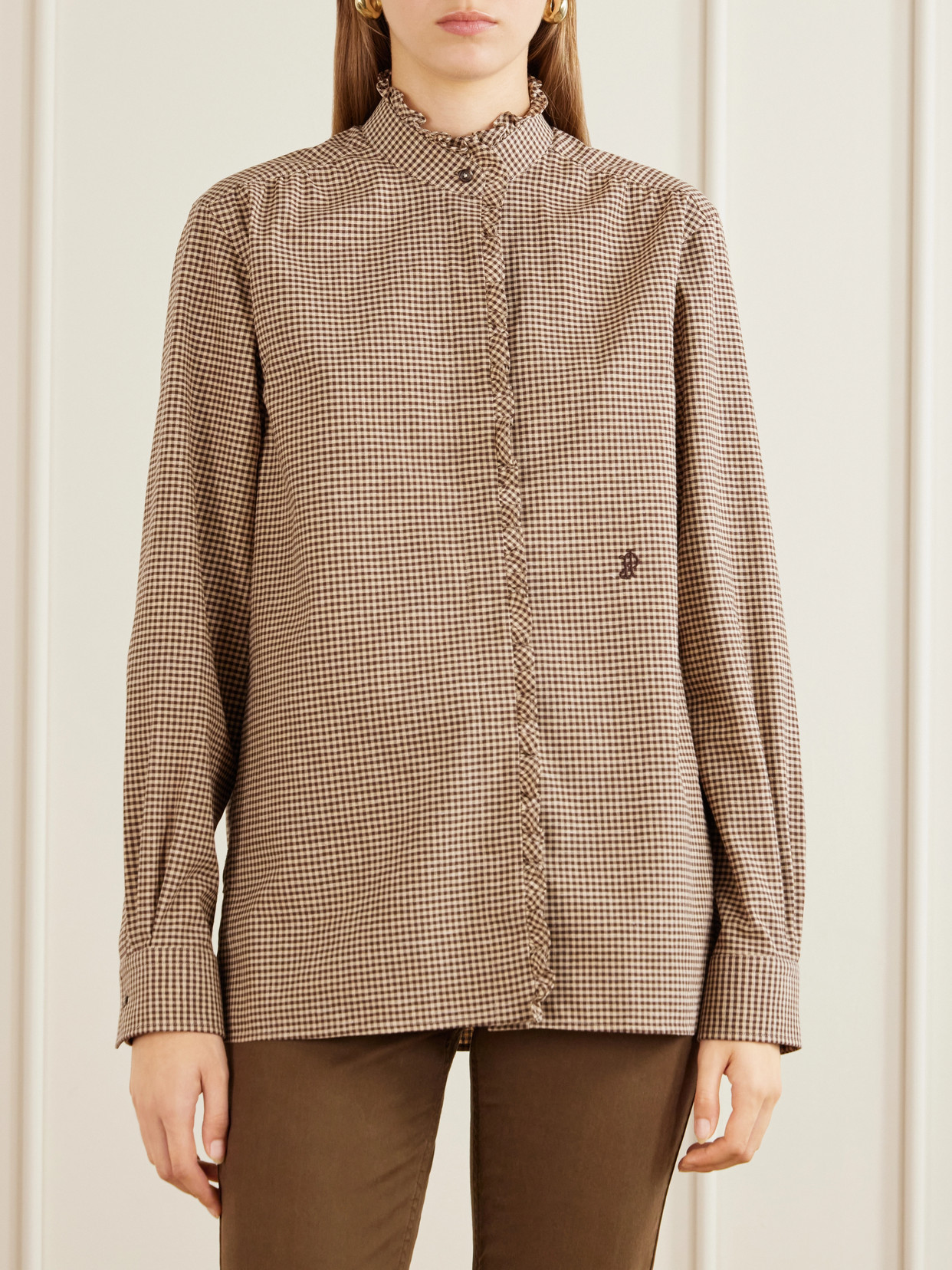 Logo-Embroidered Ruffled Checked Cotton Shirt