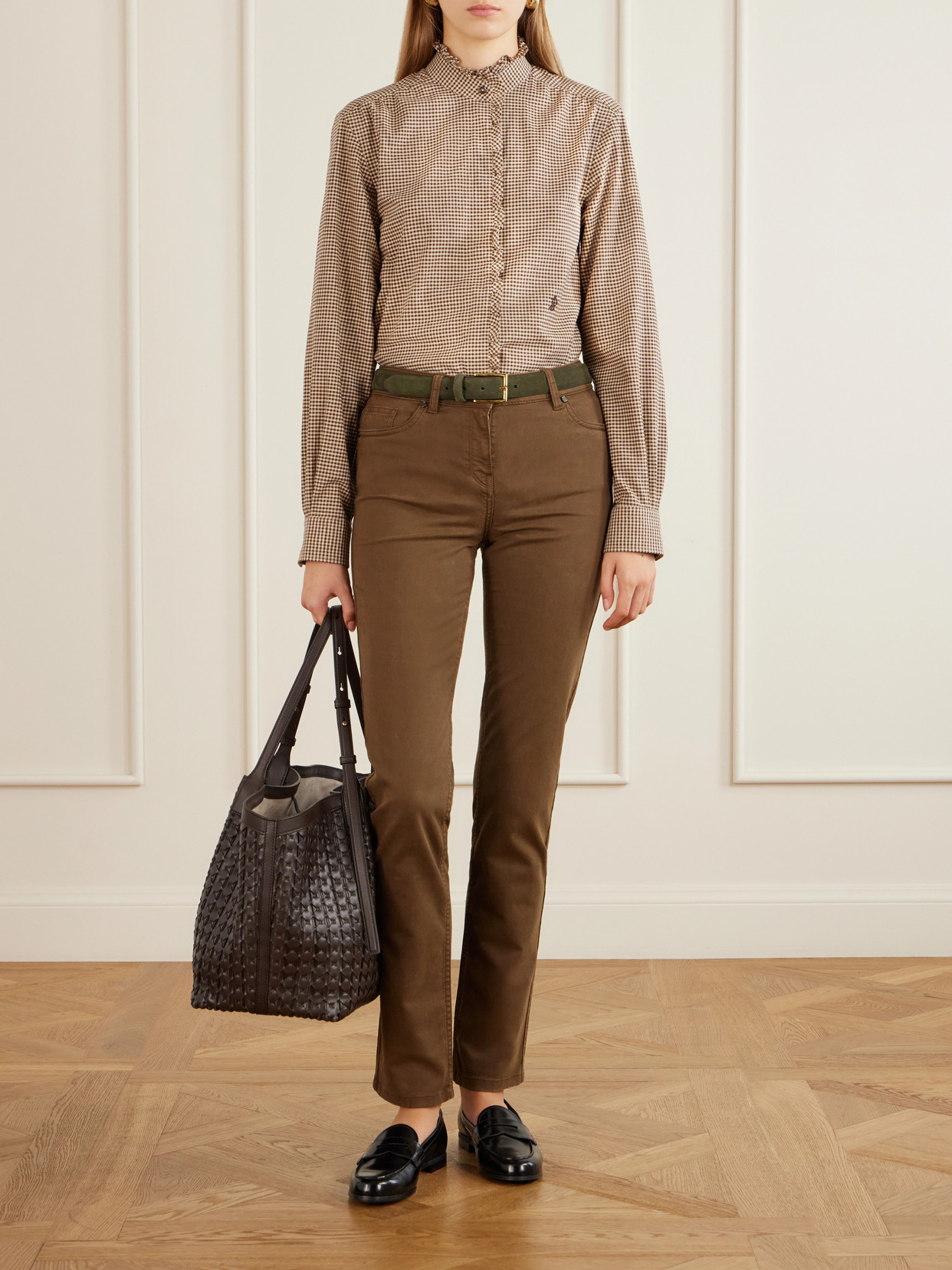 Logo-Embroidered Ruffled Checked Cotton Shirt