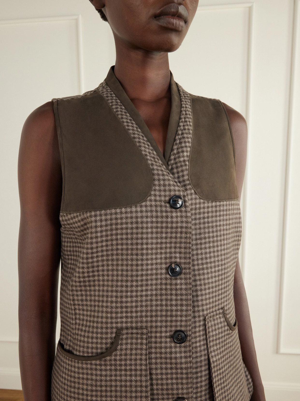 Suede-Trimmed Checked Wool And Cashmere-Blend Tweed Vest