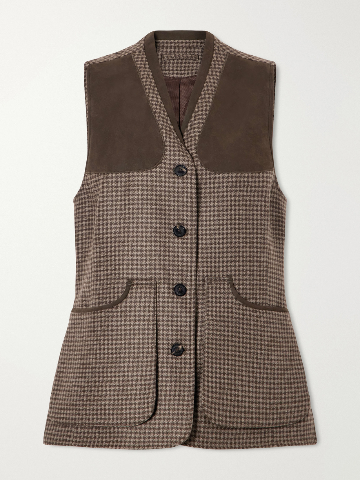 Purdey Suede-trimmed Checked Wool And Cashmere-blend Tweed Vest In Brown