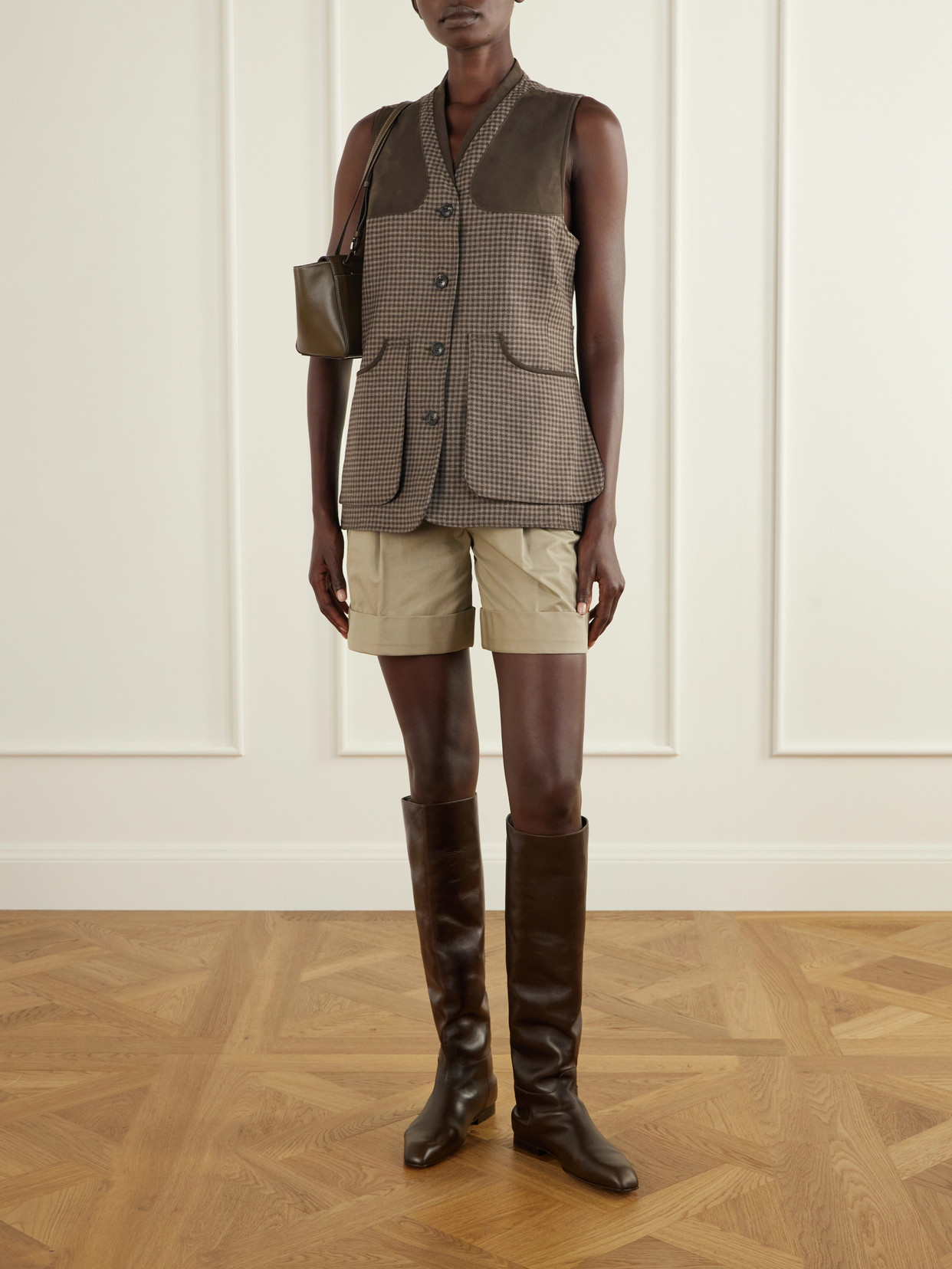 Suede-Trimmed Checked Wool And Cashmere-Blend Tweed Vest