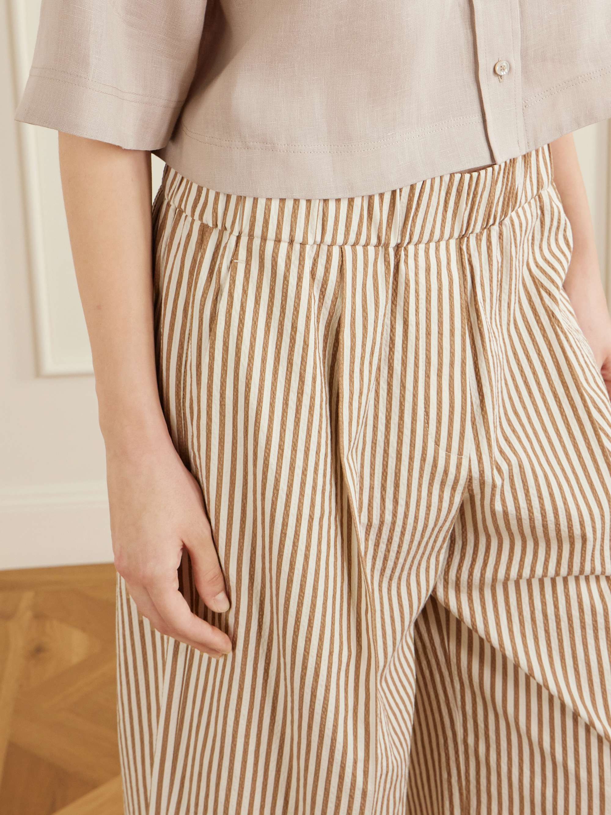BRUNELLO CUCINELLI Cropped pleated striped cotton-blend wide-leg