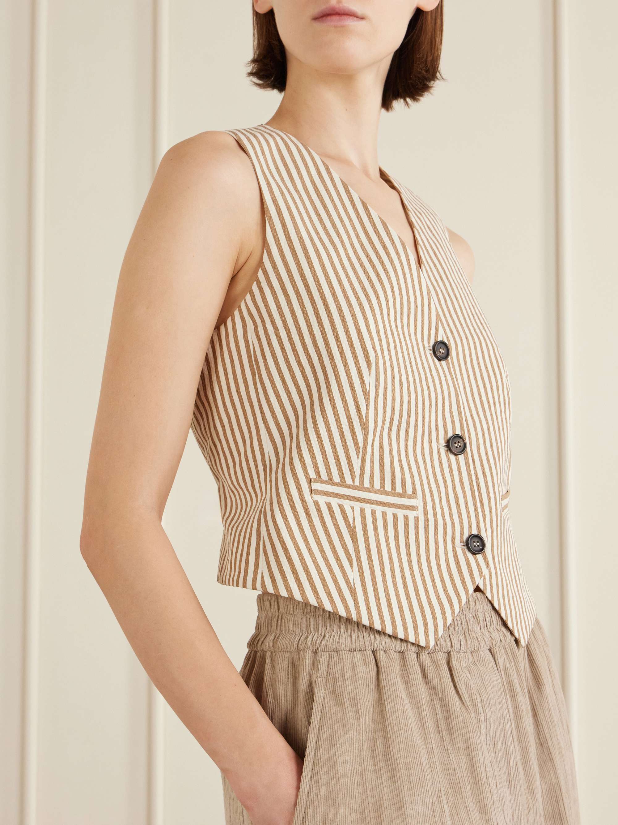 BRUNELLO CUCINELLI Striped cotton-blend seersucker vest | NET-A-PORTER