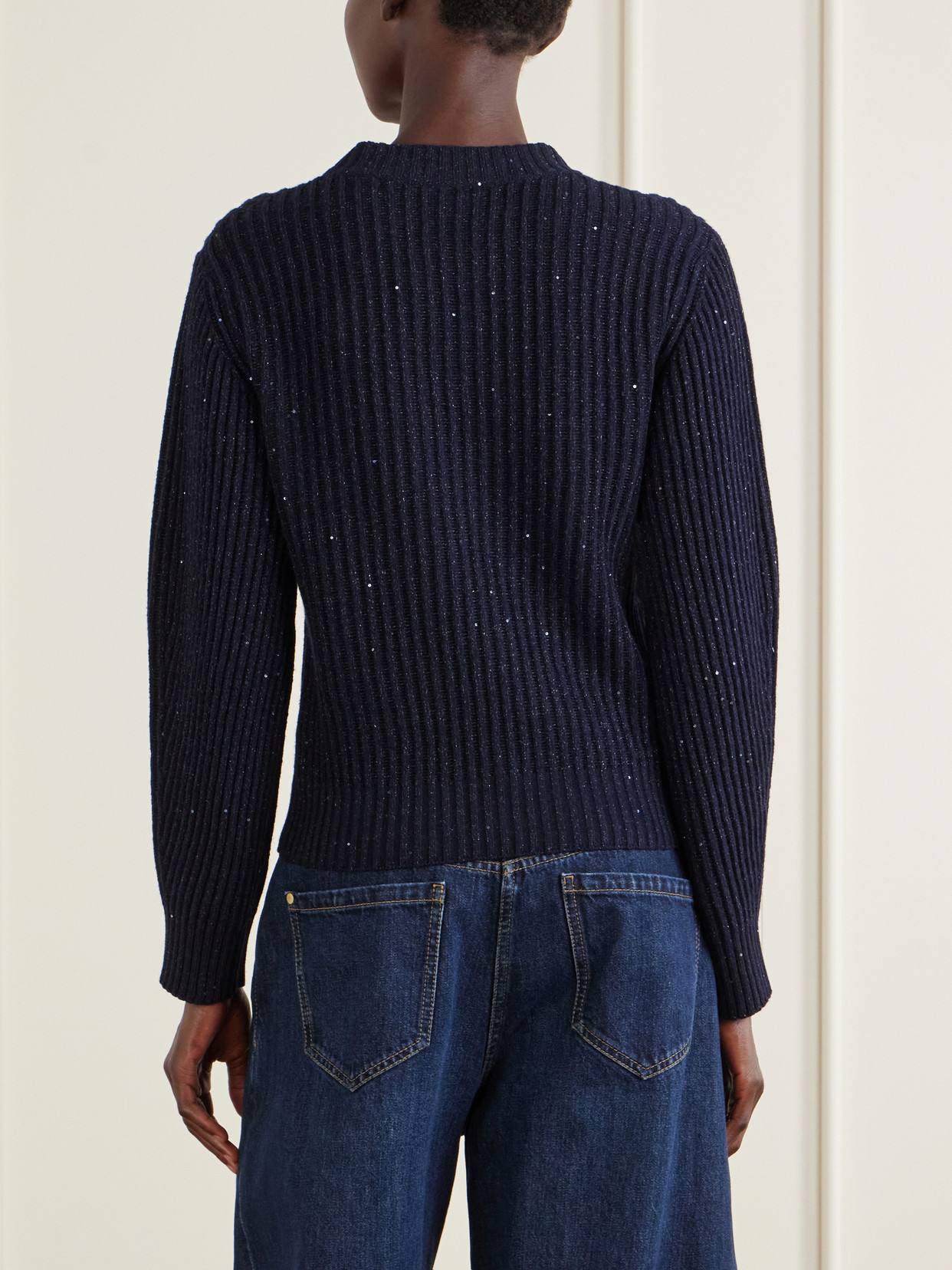 Sequin-Trimmed Ribbed-Knit Sweater