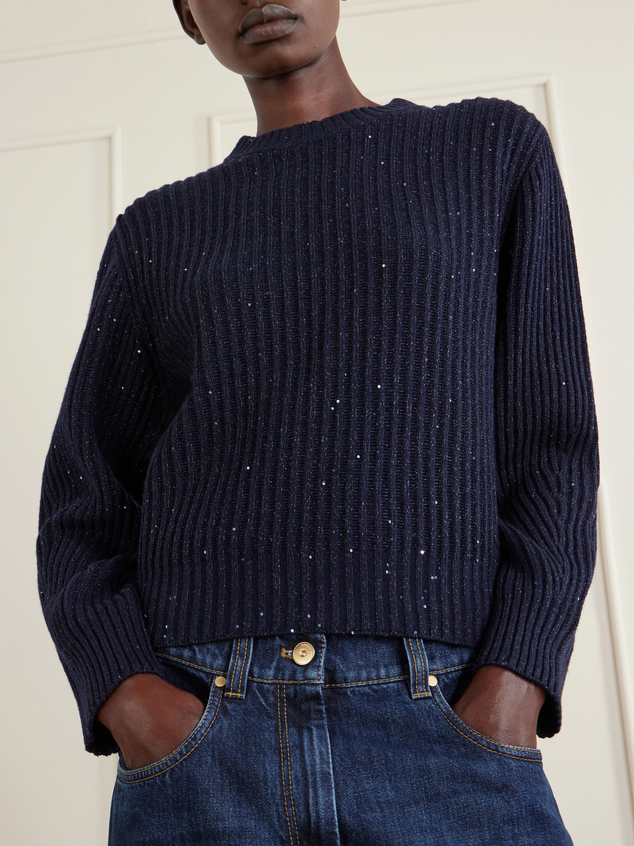 Sequin-Trimmed Ribbed-Knit Sweater