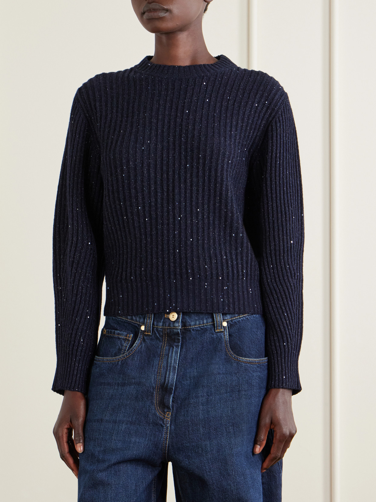 Sequin-Trimmed Ribbed-Knit Sweater