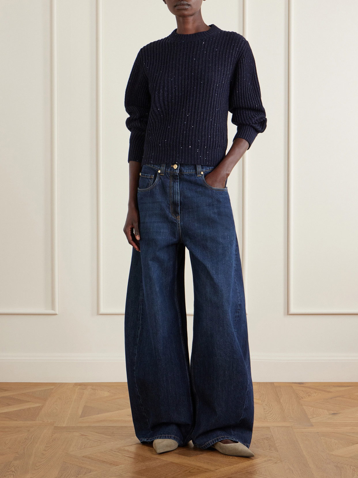 Sequin-Trimmed Ribbed-Knit Sweater