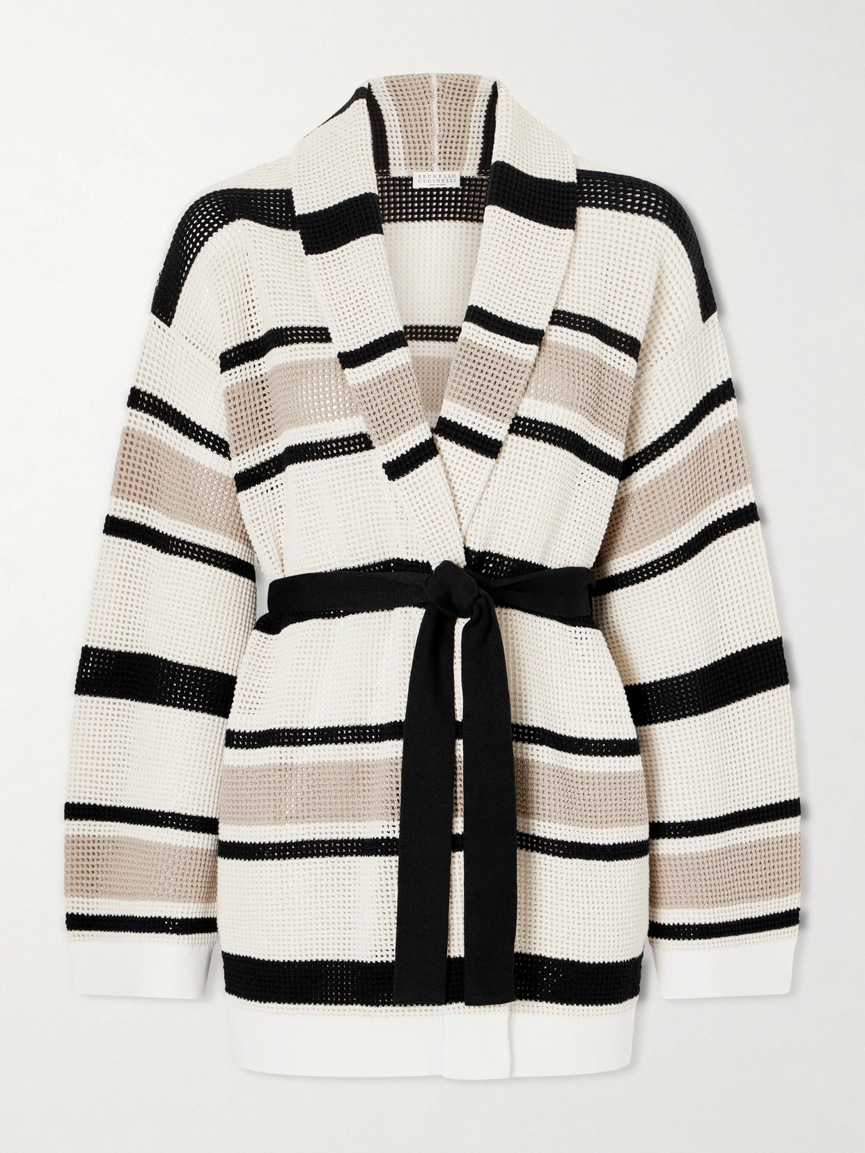 Brunello Cucinelli Belted Open-knit Striped Cotton Cardigan In Multi