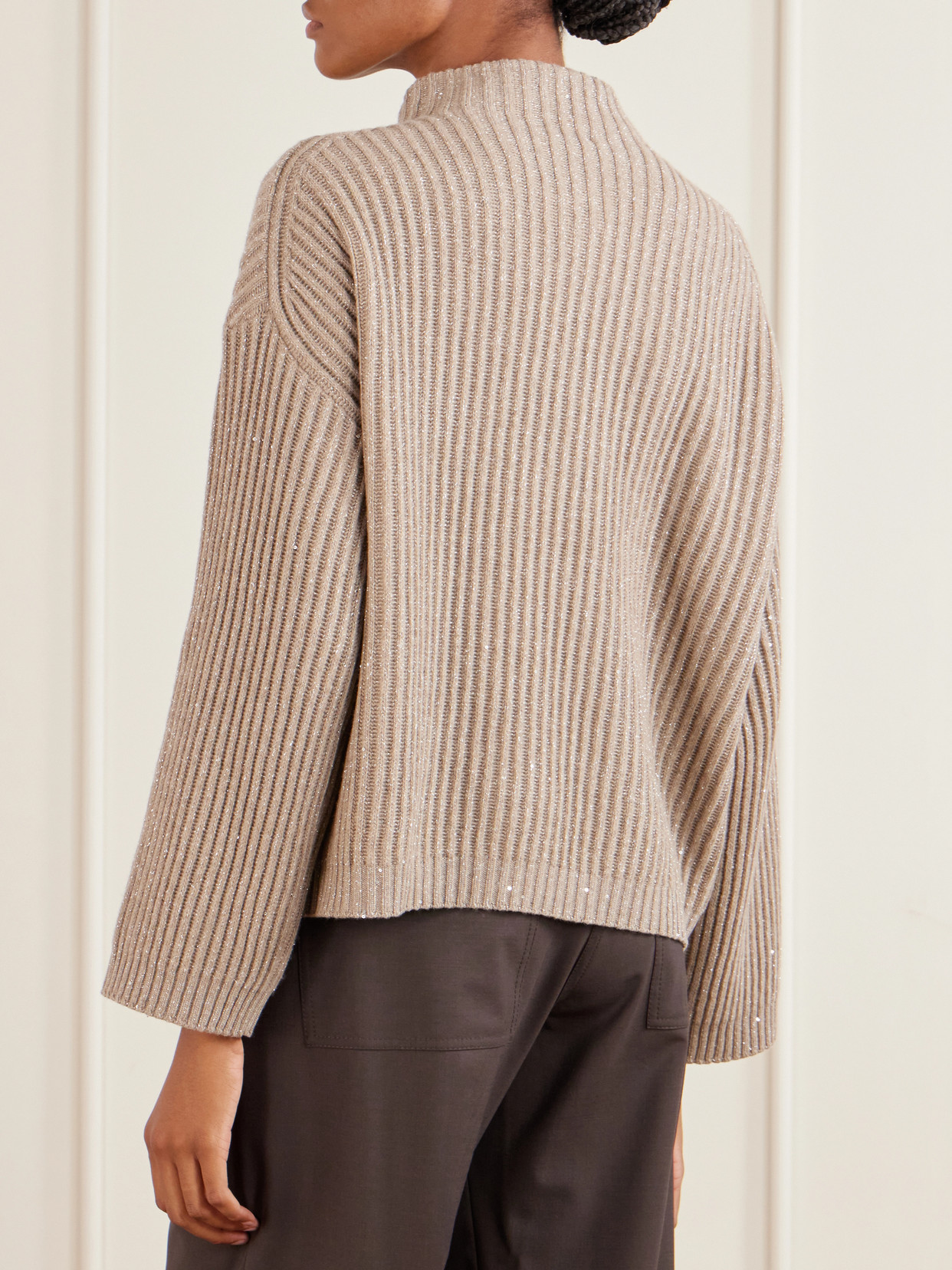 Sequin-Trimmed Ribbed-Knit Turtleneck Sweater